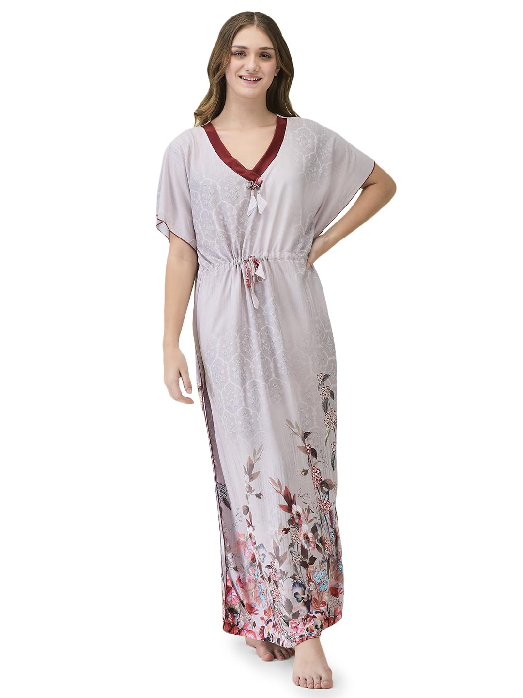 Noty Polyester Blend Women's Kaftan Maxi Nighty | Digital Print | Sarena Fabric | V Shaped Neck Nightwear | Nightdress for Girl