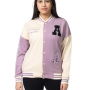 ARISH Women Lavender Cream Varsity Fleece Polyester Standard Length Jacket, Imported Small
