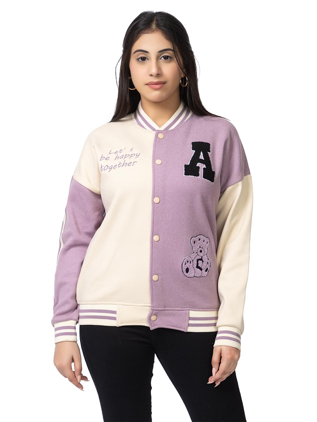 ARISH Women Lavender Cream Varsity Fleece Polyester Standard Length Jacket, Imported Small