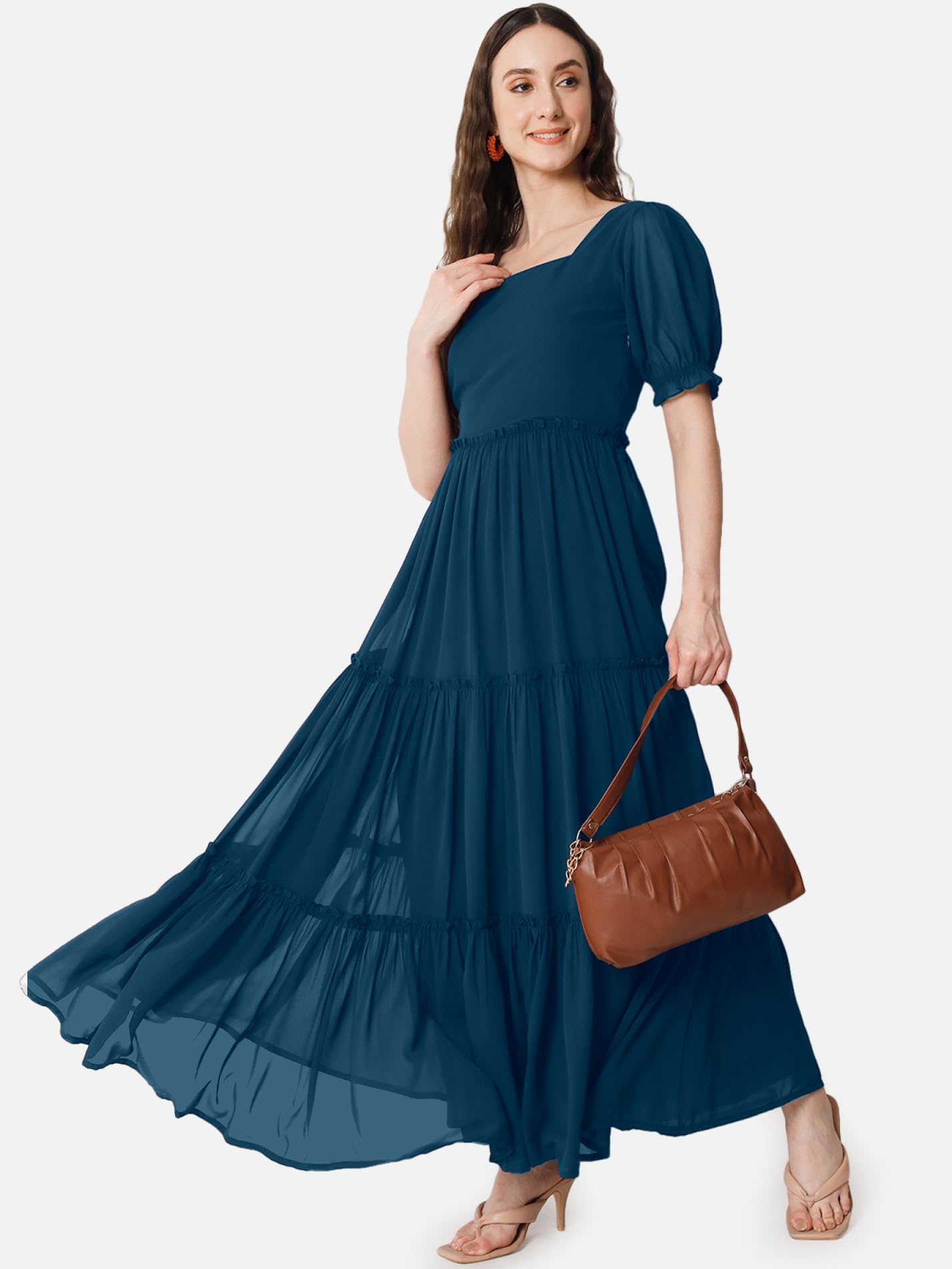 Femvy Designer Georgette Solid Maxi Gown for Women 761 Blue - Image 2