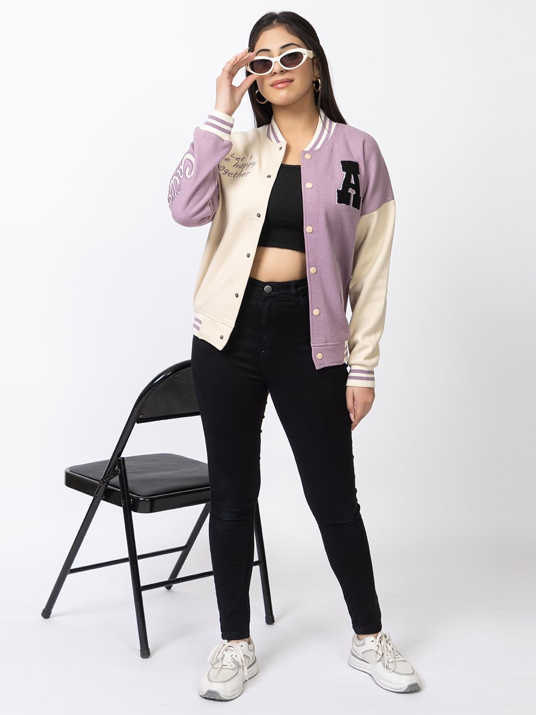 ARISH Women Lavender Cream Varsity Fleece Polyester Standard Length Jacket, Imported Small - Image 6