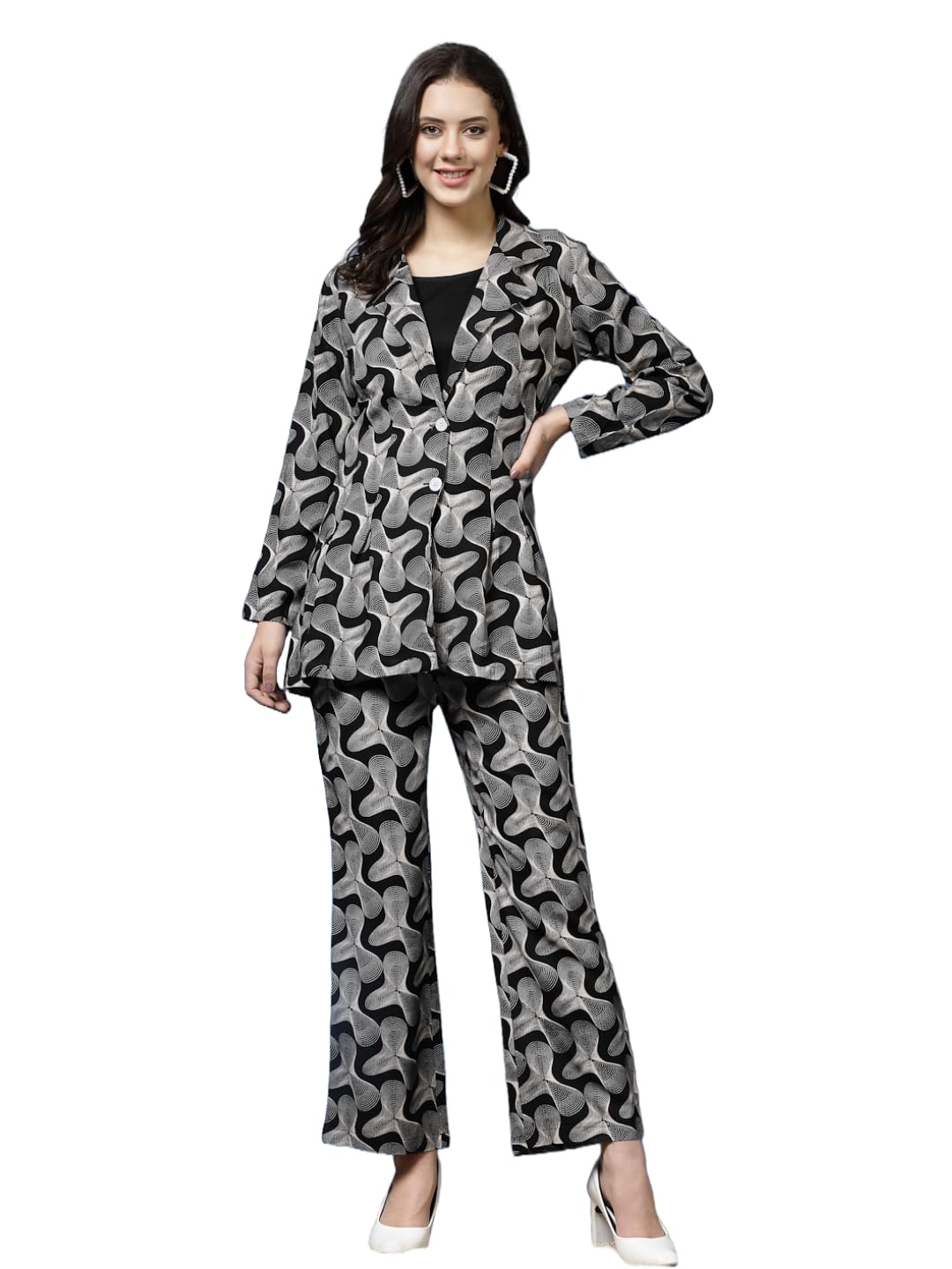 Daevish Tog New Printed Rayon 3 Piece Co Ord Set for Women - Top, Pant With Blazer - Crop Top With Blazer, Black