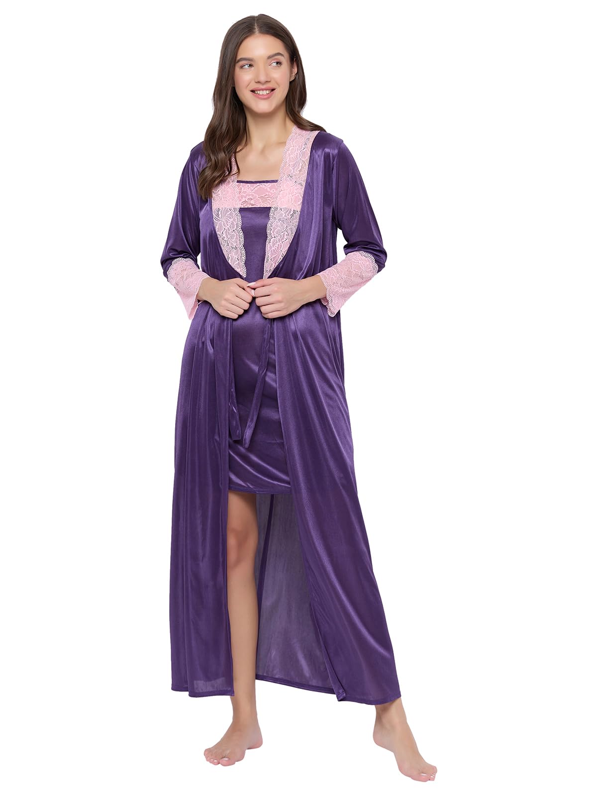 Clovia Women's 7 Pc Satin Nightwear Set - Purple - Image 9