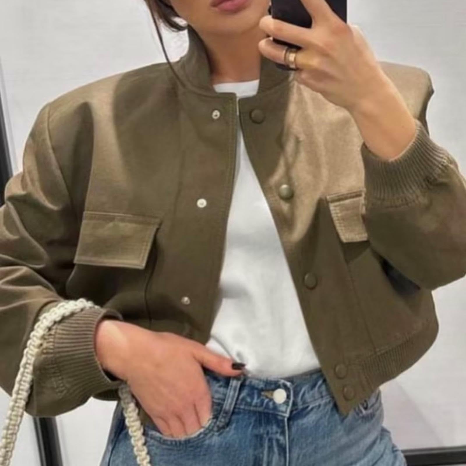 bnf Women's Jacket Spring for Women Ladies Cropped Two Large Pockets Casual Coat M Khaki | Clothing Shoes & Accessories | Womens Clothing | Coats & Jackets - Image 6