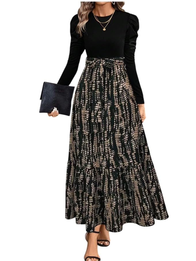 HKV Clasi Women's Autumn Dress with Bow Tie Belt, Leaf & Floral Patchwork A-Line Dress Maxi Women Outfit Black