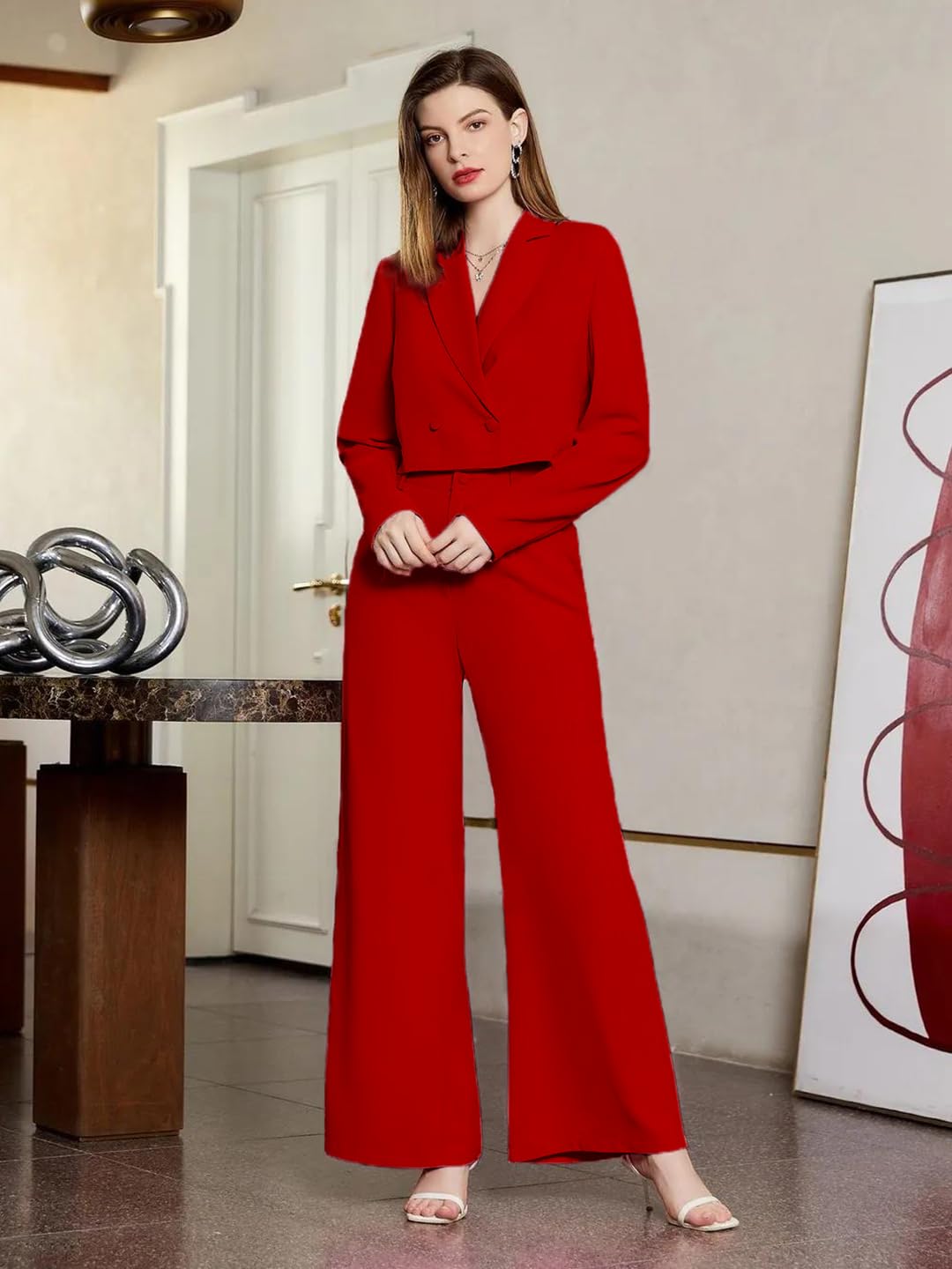 KOTTY Women's Solid Relaxed Fit Full Sleeve Co-ord Blazer and Trouser Set. Tomato red - Image 4