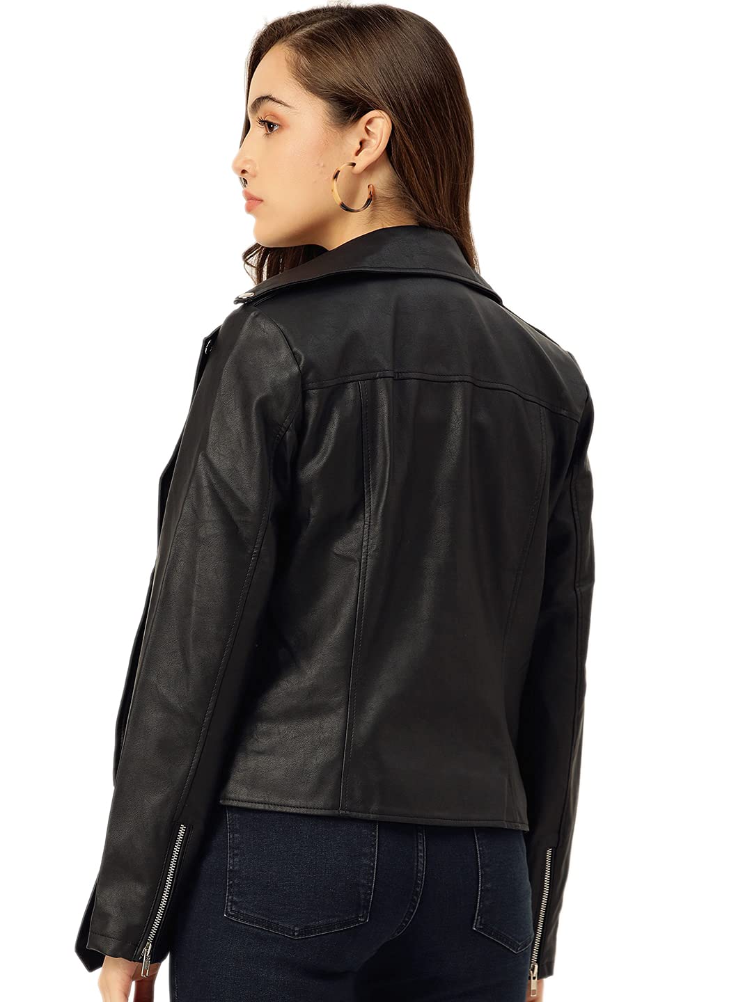 Leather Retail Women's Faux Leather Solid Standard Length Biker Jacket - Image 7