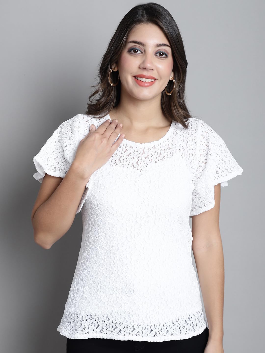 DRESSITUDE Women Self Designed Round Neck Flared Sleeve Lace Top with Camisole - Image 9