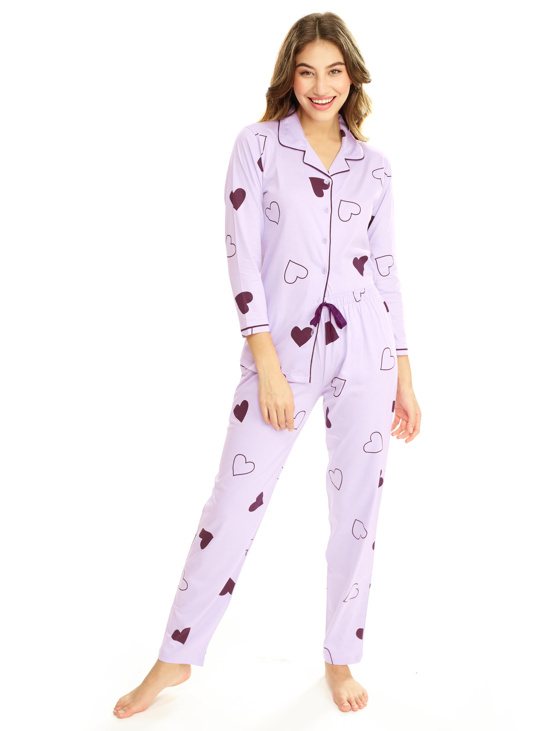 LOTIK Women's Cotton Purple Heart Print Shirt & Payjama Full Sleeve Night Pajama Set