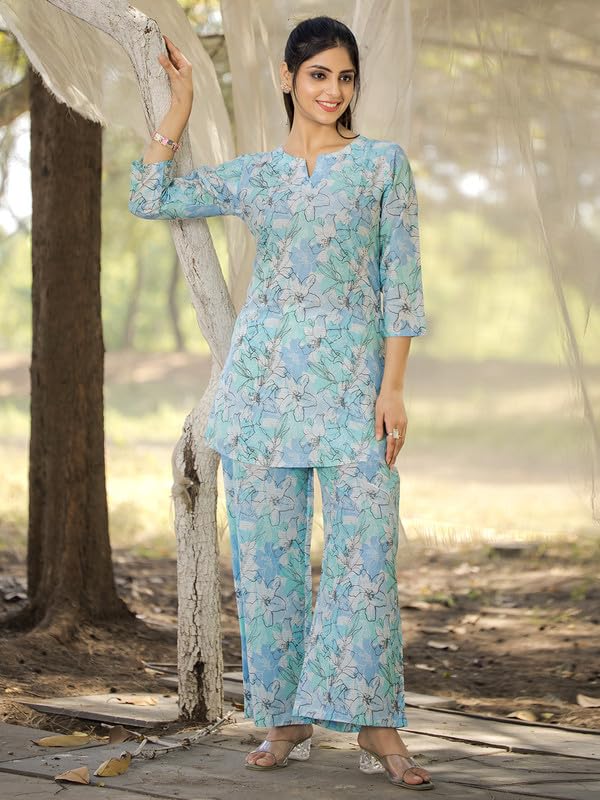 Tee Projekt Cotton Ethnic Wear Co Ord Set for Women | Travel Co Ord Set for Women Light Blue - Image 6