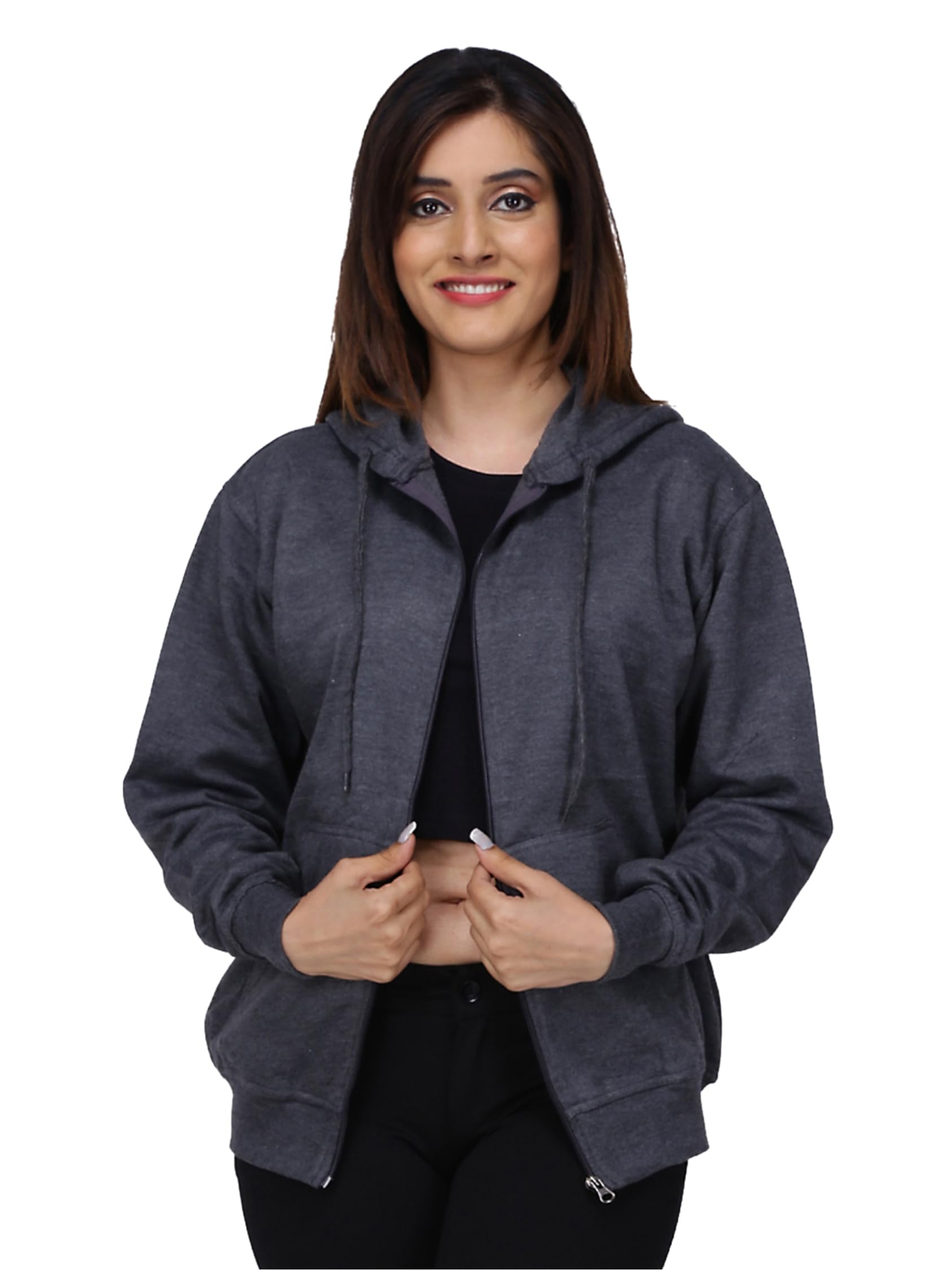 FALTU.CO Women’s Full Sleeve Cotton Zipper Hoodie with Pockets | Regular Fit Hooded Sweatshirt Pullover for Winter, Casual, Outdoor, Travel & Everyday Wear | Charcoal Grey | L