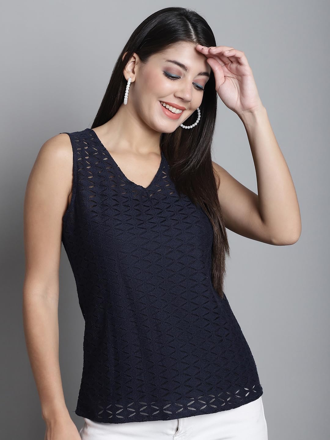 DRESSITUDE Women Self Designed V-Neck Sleeveless Lace Top with Camisole - Image 6