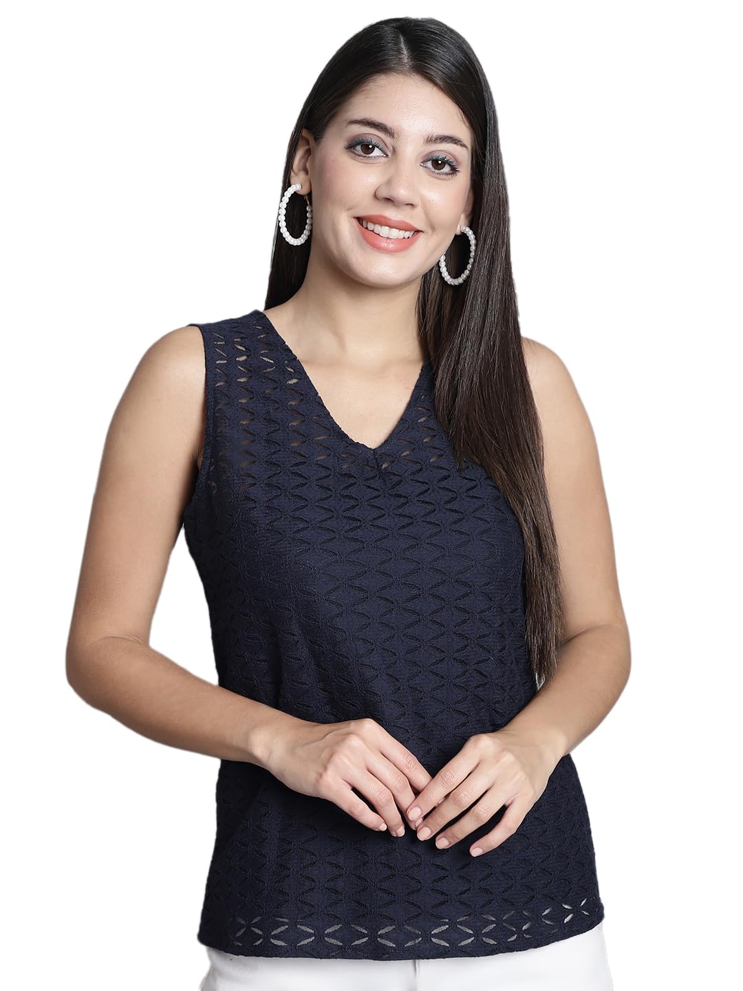 DRESSITUDE Women Self Designed V-Neck Sleeveless Lace Top with Camisole