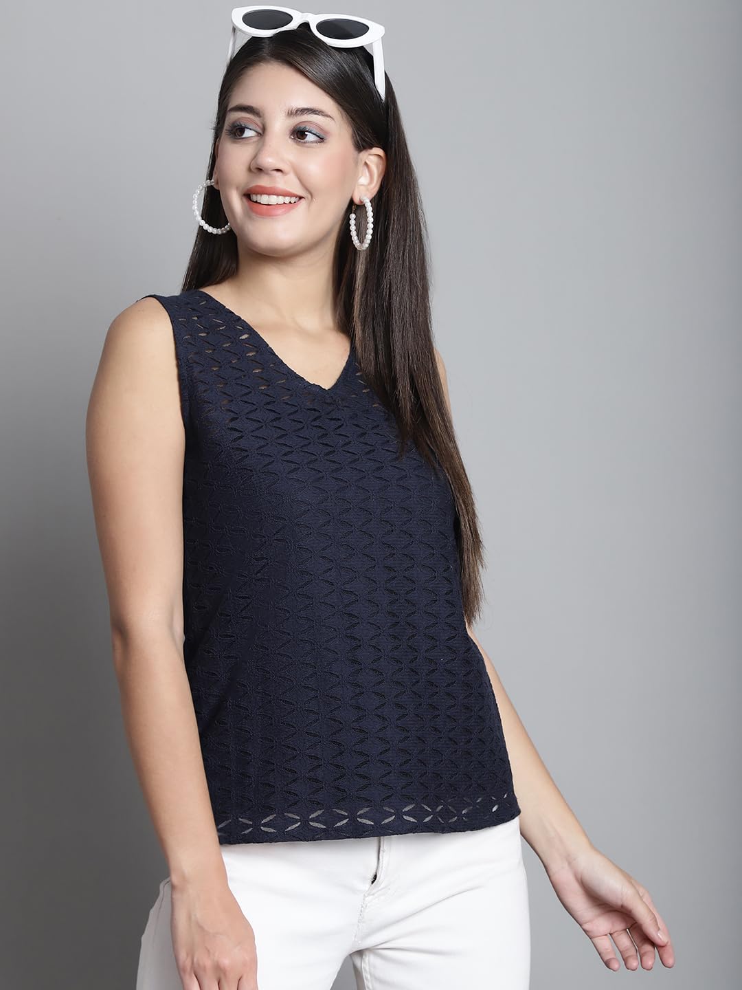 DRESSITUDE Women Self Designed V-Neck Sleeveless Lace Top with Camisole - Image 4