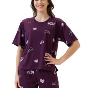 AV2 Women's Cotton Printed Round Neck Short Sleeve Night Suit Set | Bermuda Shorts Set | Casual Night Dress for Women Purple Large 2893