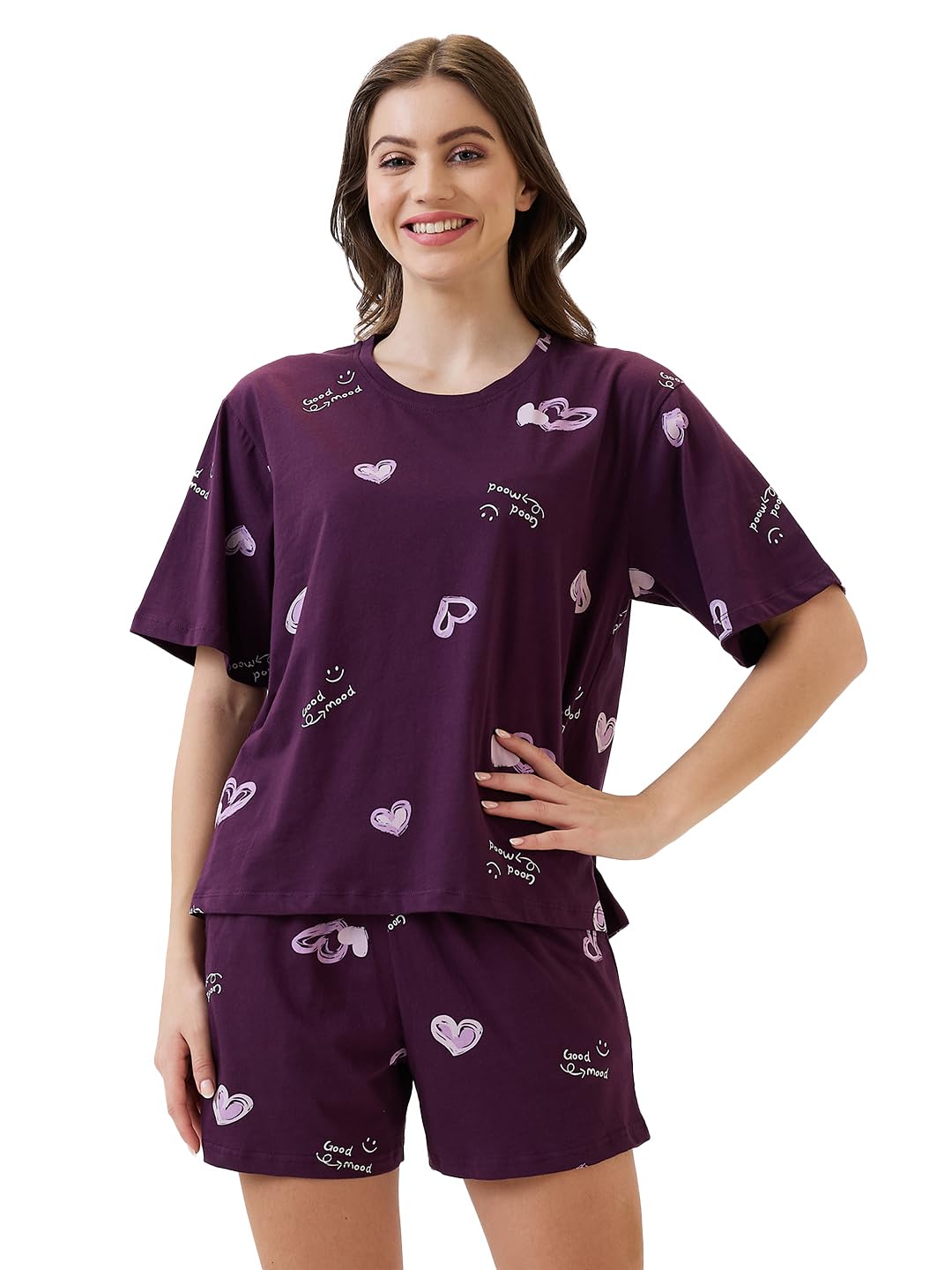 AV2 Women's Cotton Printed Round Neck Short Sleeve Night Suit Set | Bermuda Shorts Set | Casual Night Dress for Women Purple Large 2893