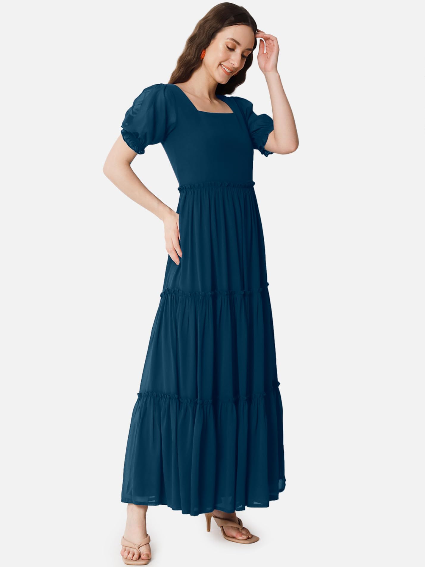 Femvy Designer Georgette Solid Maxi Gown for Women 761 Blue - Image 5