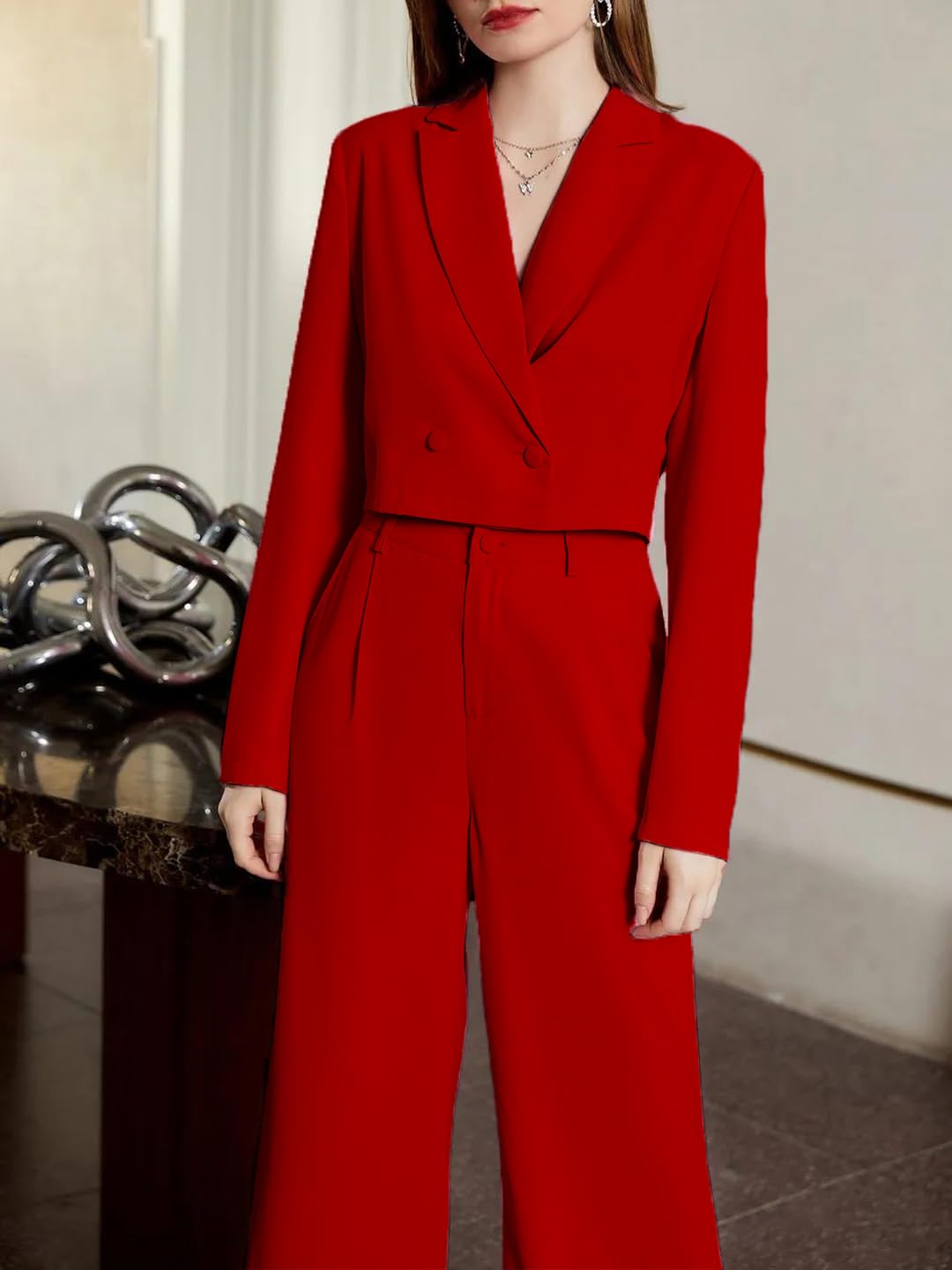 KOTTY Women's Solid Relaxed Fit Full Sleeve Co-ord Blazer and Trouser Set. Tomato red - Image 5