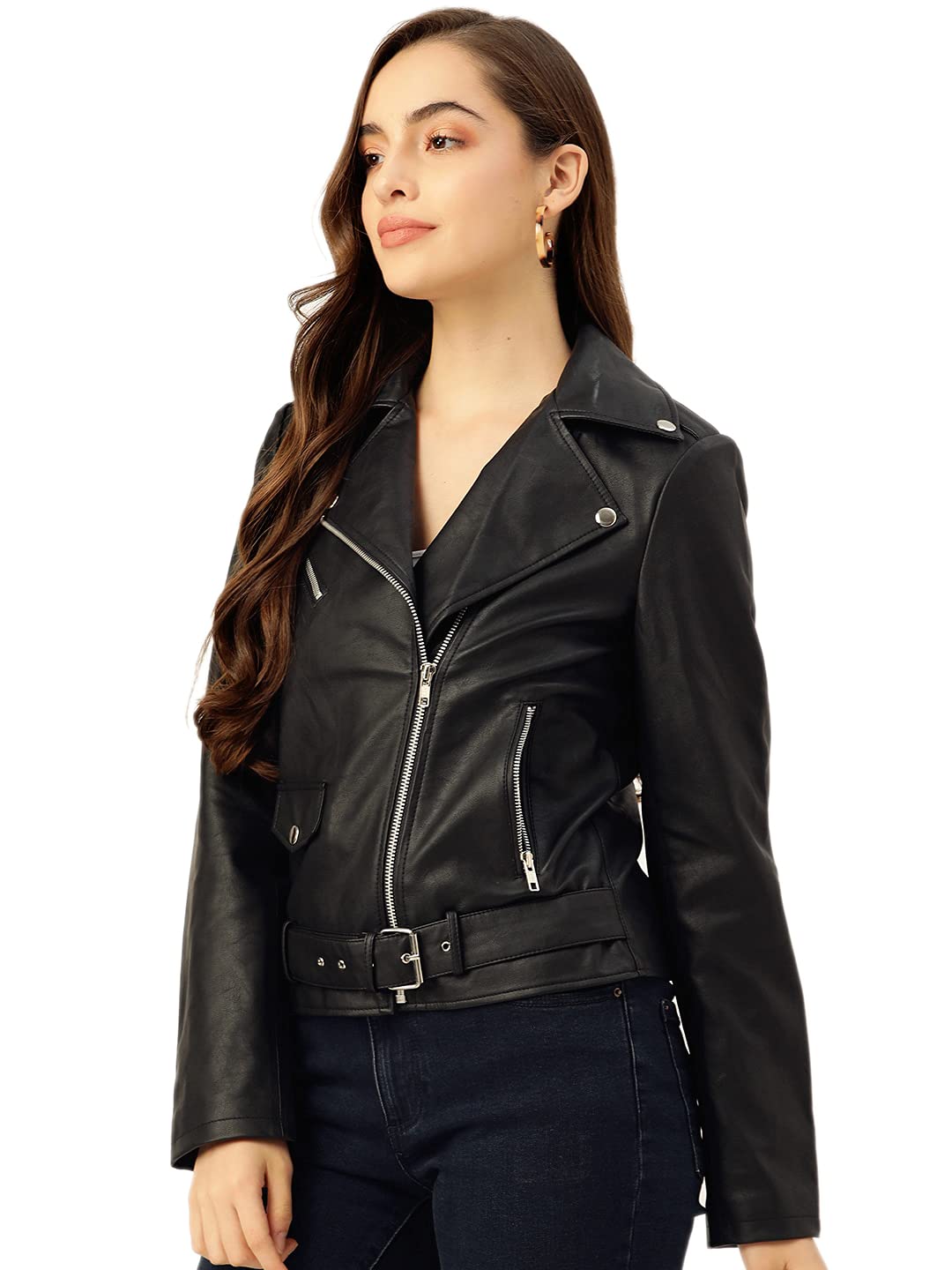 Leather Retail Women's Faux Leather Solid Standard Length Biker Jacket - Image 6