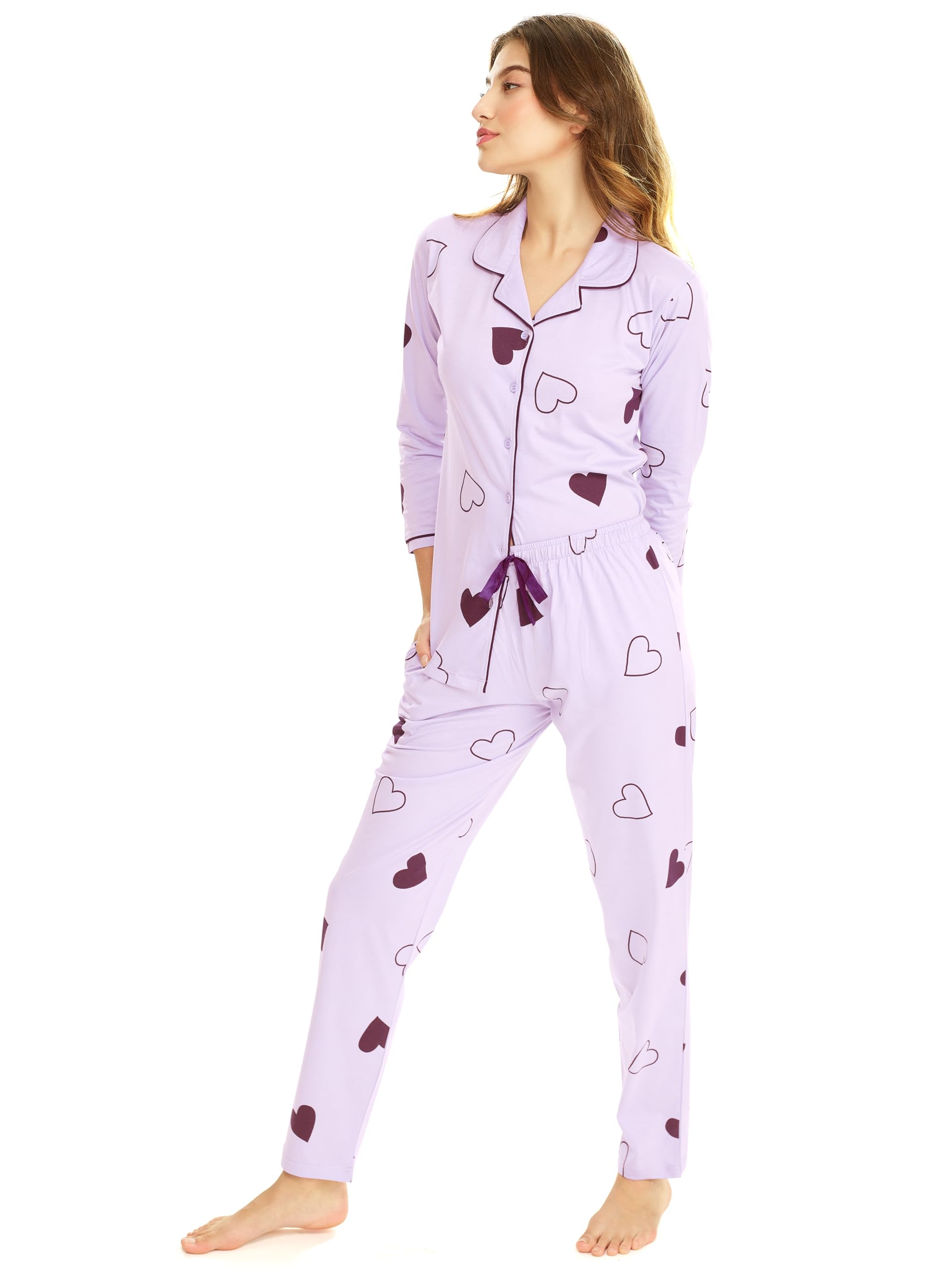 LOTIK Women's Cotton Purple Heart Print Shirt & Payjama Full Sleeve Night Pajama Set - Image 5