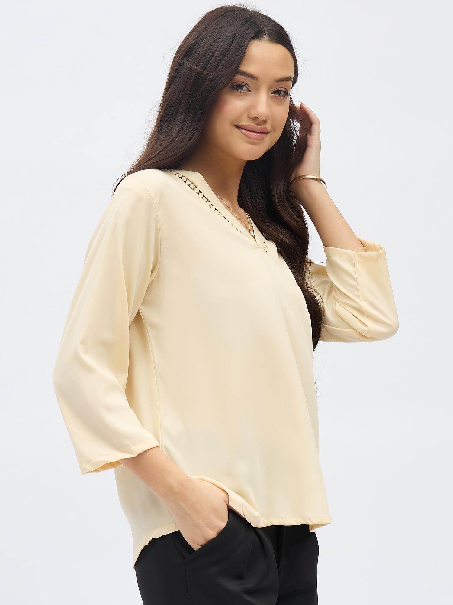 SheWill Beige Solid V-Neck Top Stylish Ethnic and Western Tops for Women Summer Travel Wear Trendy Tops for Jeans Lightweight Comfortable Casual ALLTP1267_RUS-XL - Image 8
