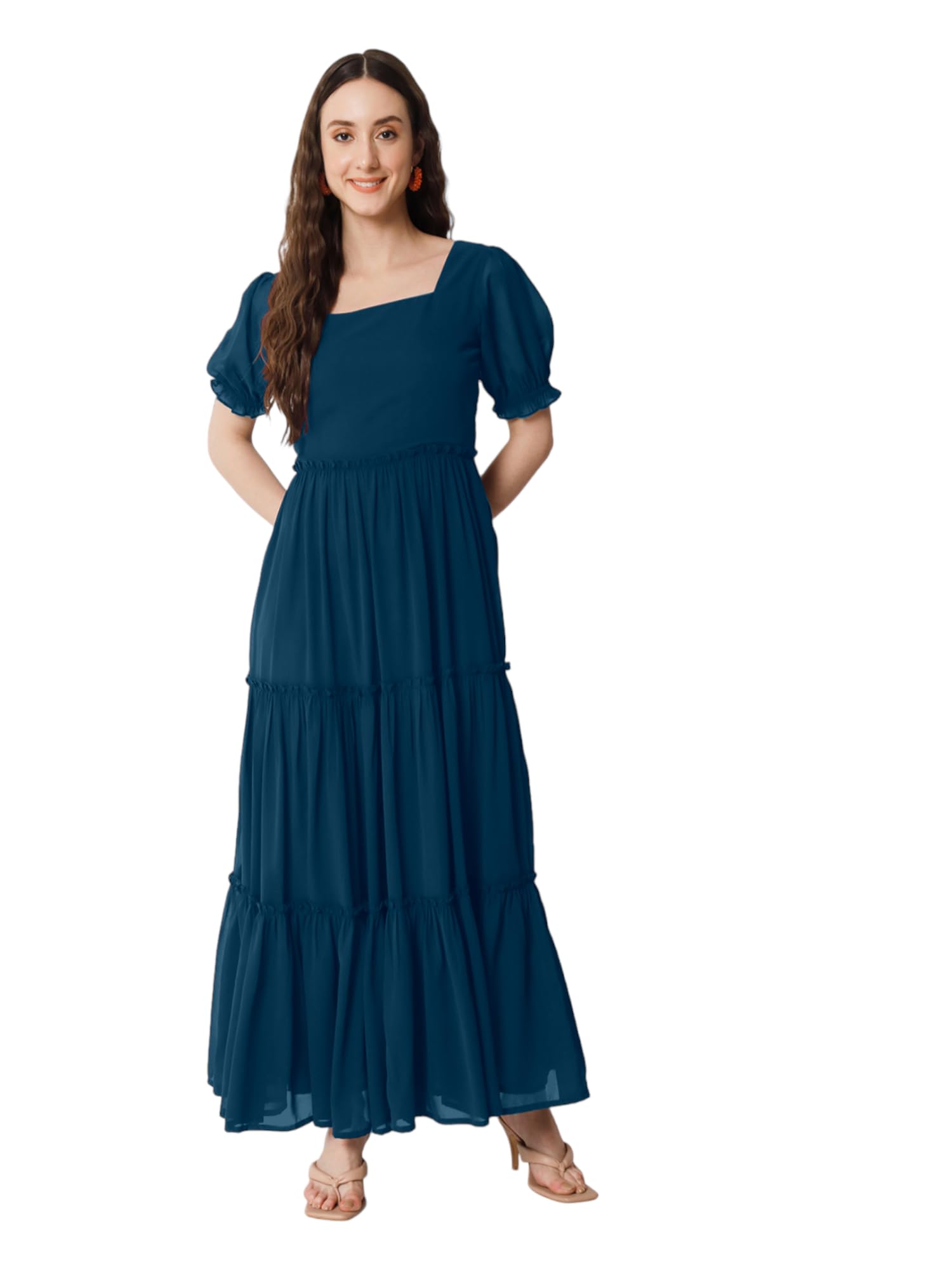 Femvy Designer Georgette Solid Maxi Gown for Women 761 Blue