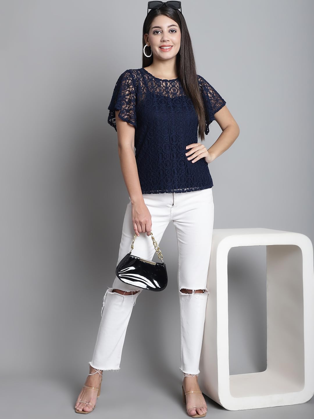 DRESSITUDE Women Self Designed Round Neck Flared Sleeve Lace Top with Camisole - Image 5