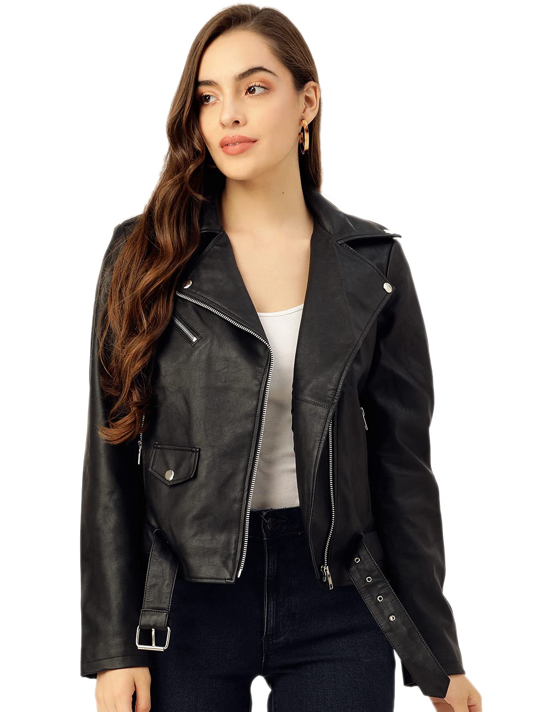 Leather Retail Women's Faux Leather Solid Standard Length Biker Jacket