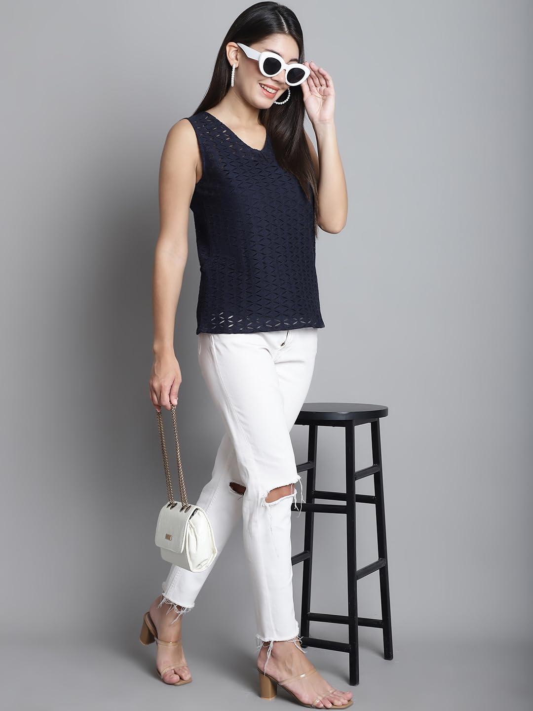 DRESSITUDE Women Self Designed V-Neck Sleeveless Lace Top with Camisole - Image 5