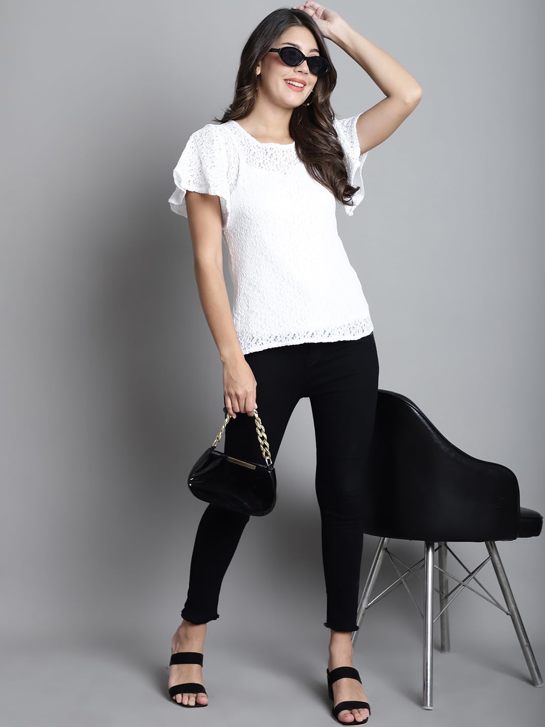 DRESSITUDE Women Self Designed Round Neck Flared Sleeve Lace Top with Camisole - Image 5