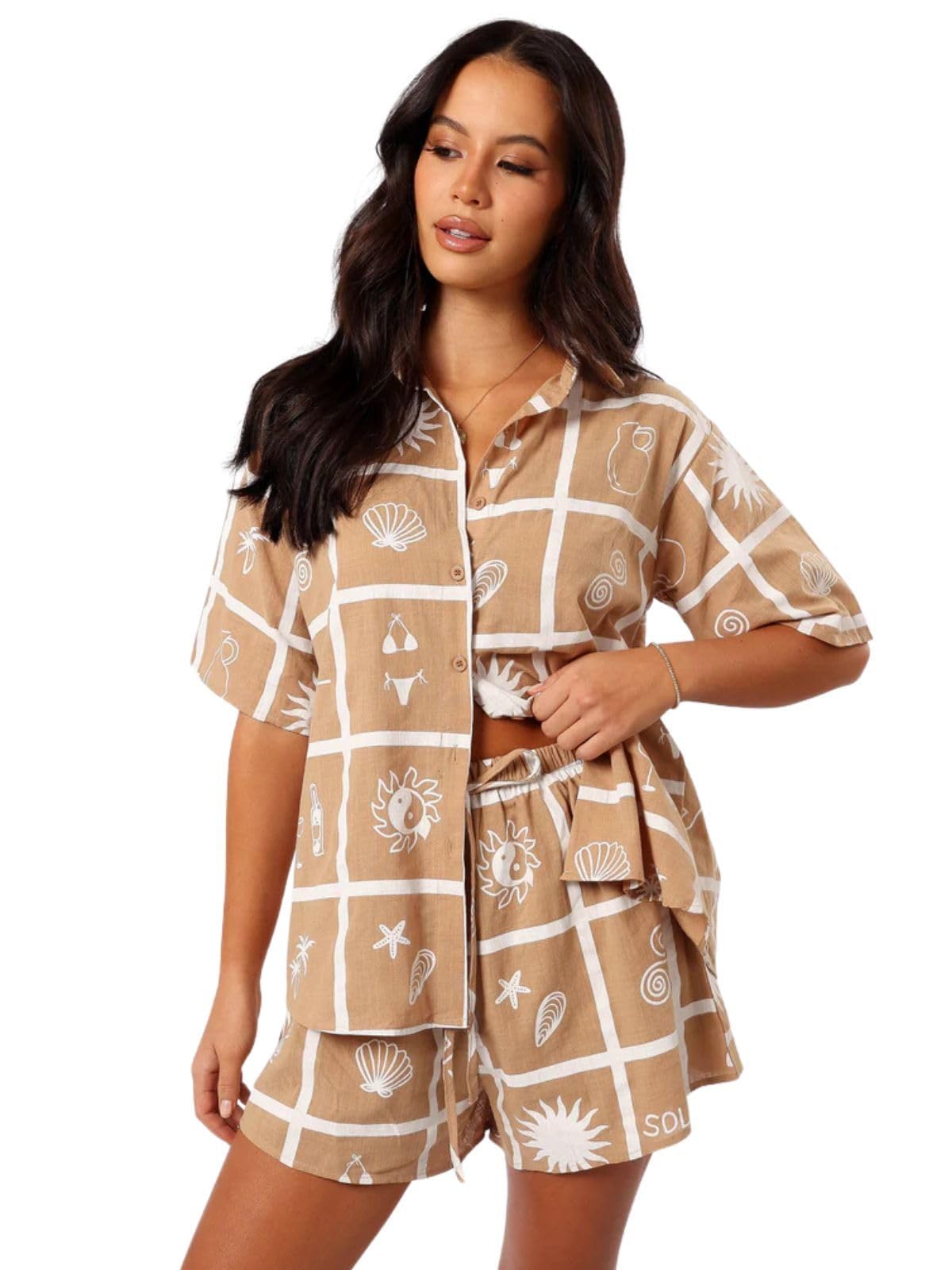 Leriya Fashion Women Rayon Printed Pajama Set | Shorts Nightsuit Set | Beach Outfits Beige, Medium
