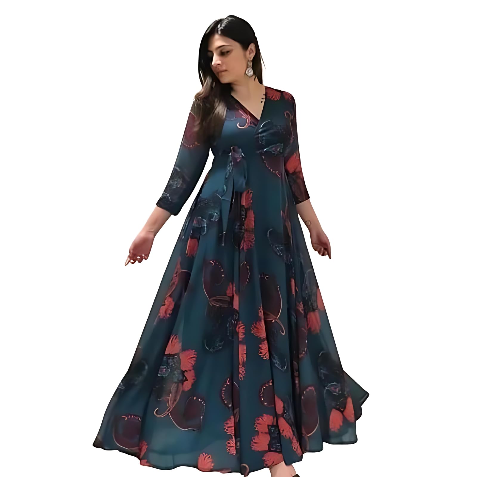 Fashion2wear Women's Georgette Floral Print Maxi Dress with V Neck 3/4 Sleeves Full Length | Maxi Dress for Woman | Blue_L