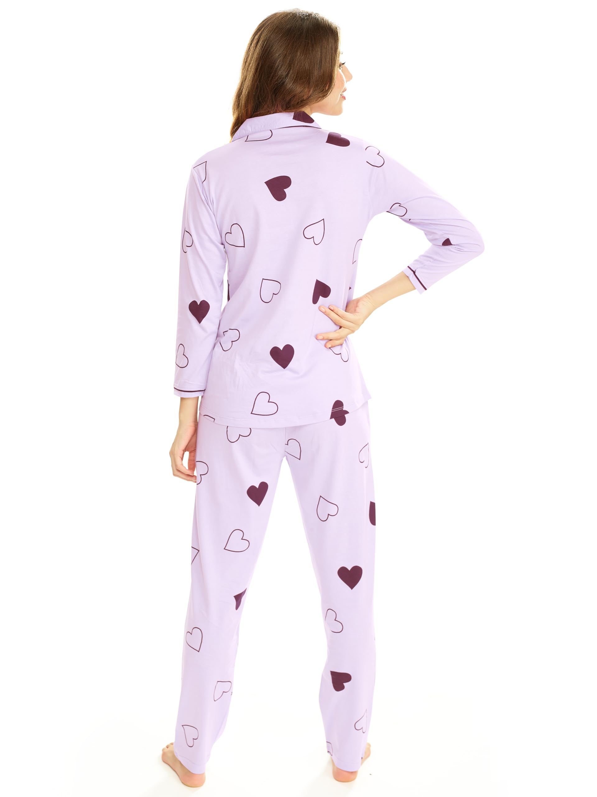 LOTIK Women's Cotton Purple Heart Print Shirt & Payjama Full Sleeve Night Pajama Set - Image 3