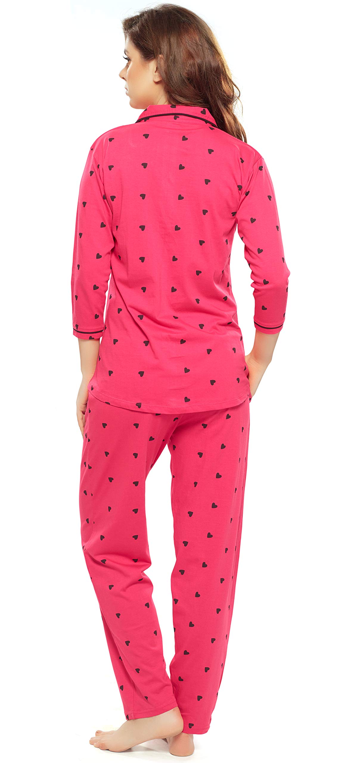 ZEYO Women's Cotton Heart Printed Dark Pink Night Suit Shirt & Pajama Set 5152 - Image 6