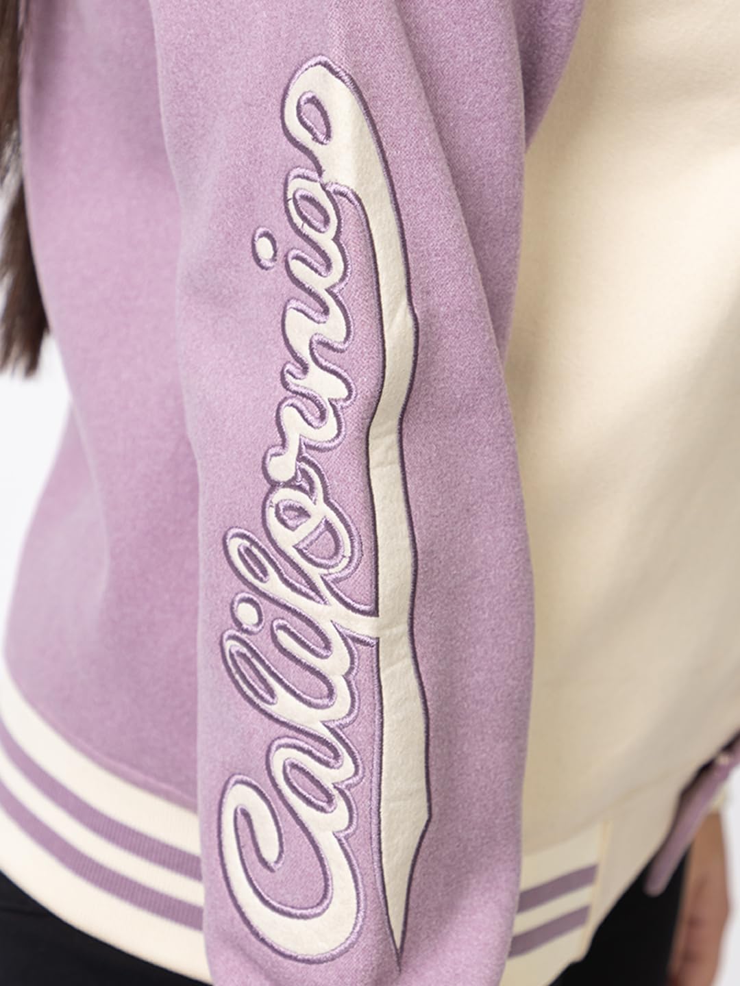 ARISH Women Lavender Cream Varsity Fleece Polyester Standard Length Jacket, Imported Small - Image 3