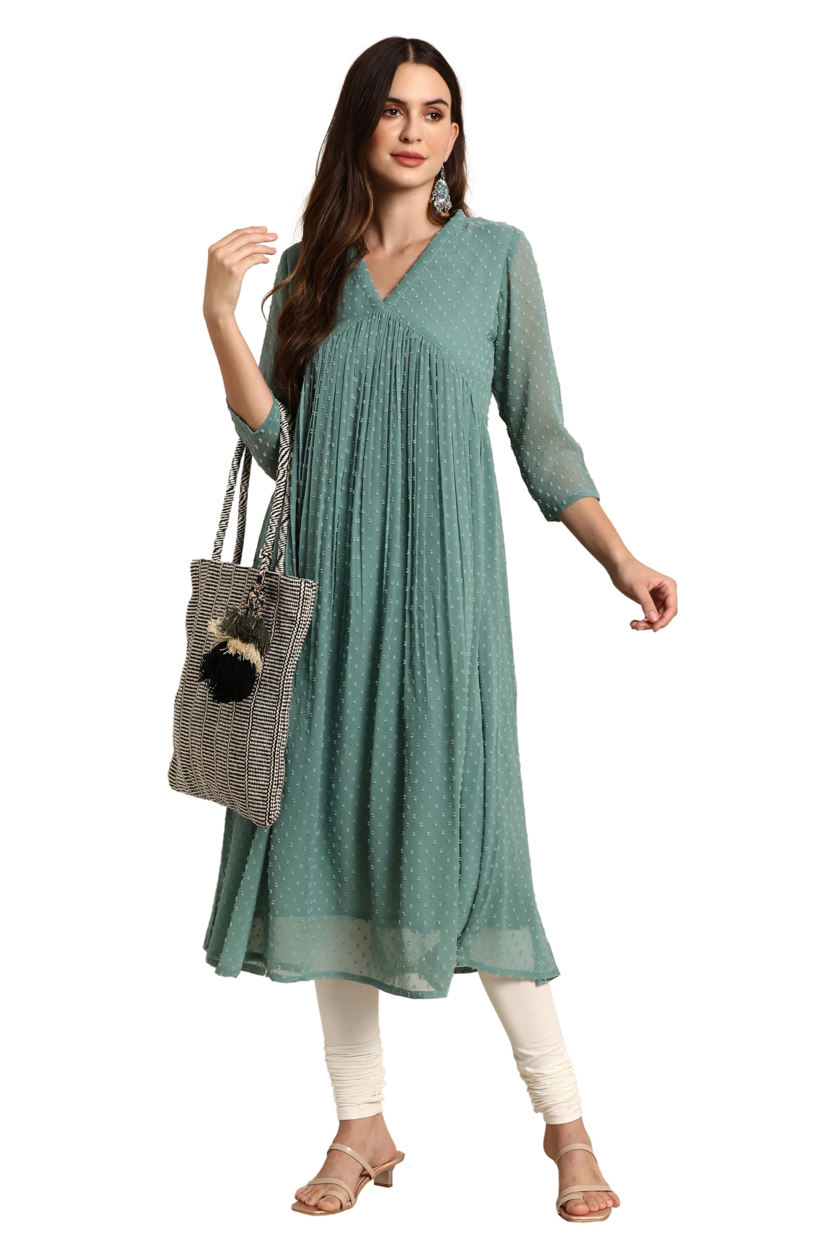 Janasya Women's Green Dobby Chiffon Self Design Flared Western Kurta