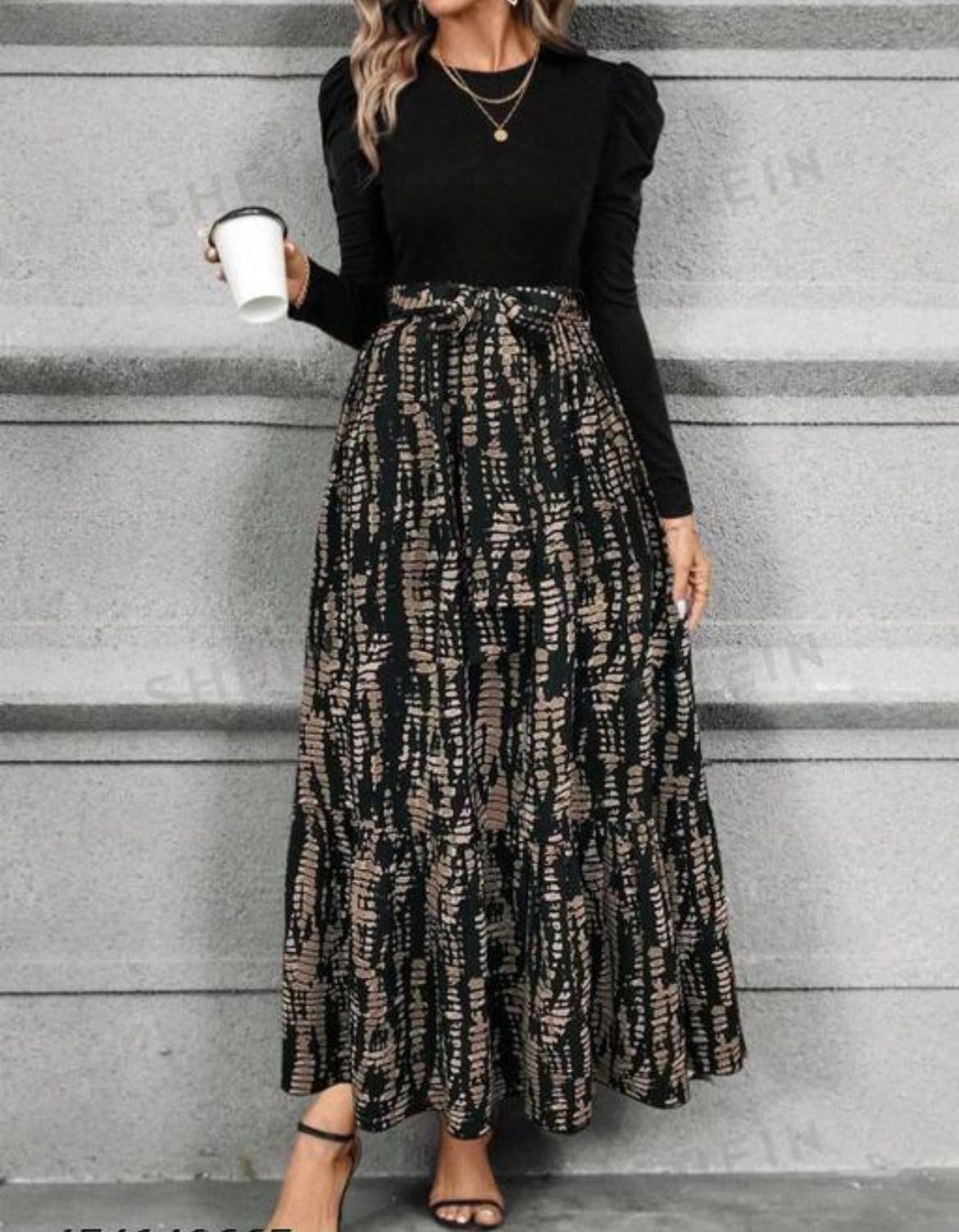 HKV Clasi Women's Autumn Dress with Bow Tie Belt, Leaf & Floral Patchwork A-Line Dress Maxi Women Outfit Black - Image 3