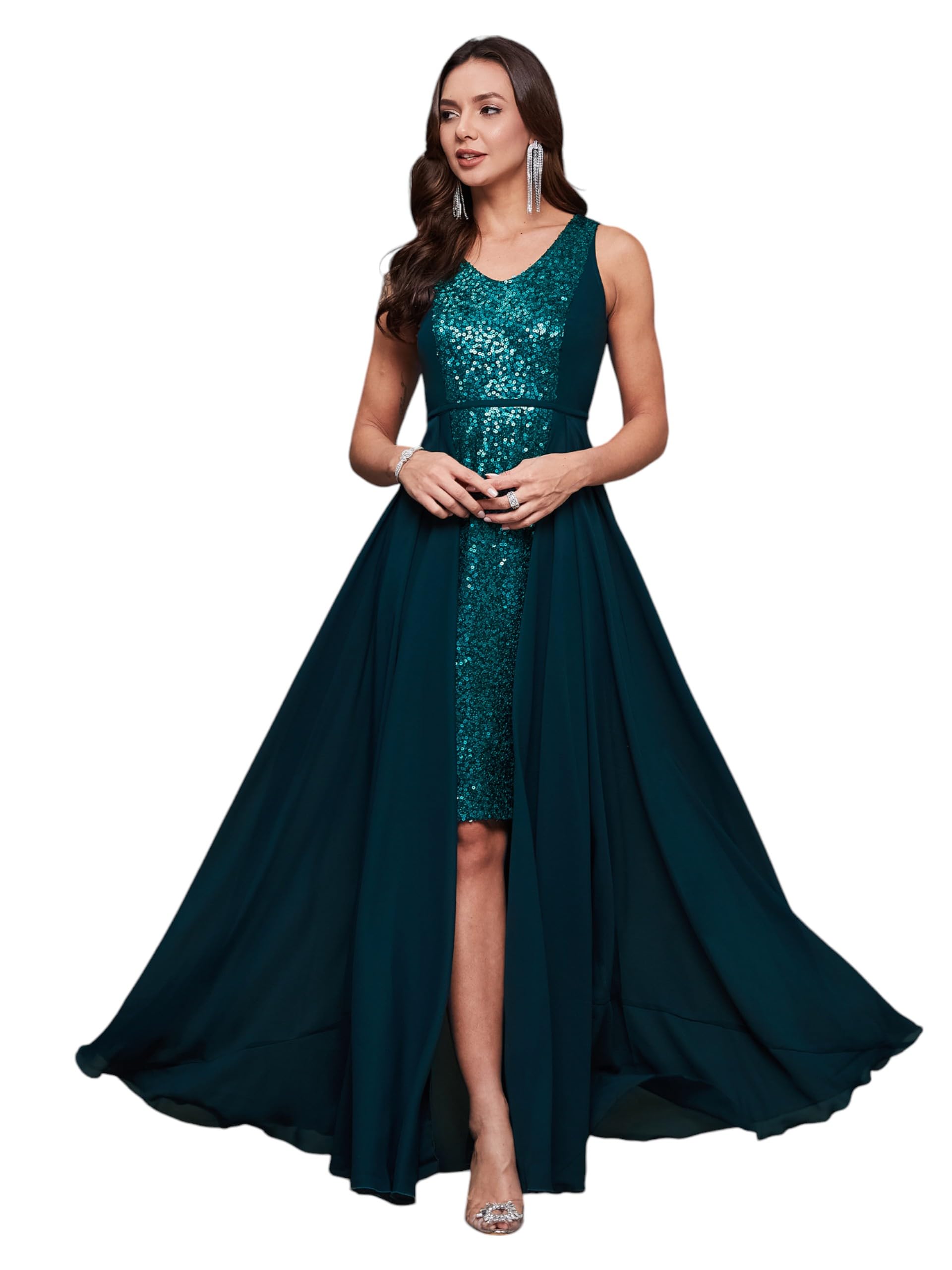 Miss Chase Women's V-Neck Sleeveless Embellished Layered Georgette Maxi Dress