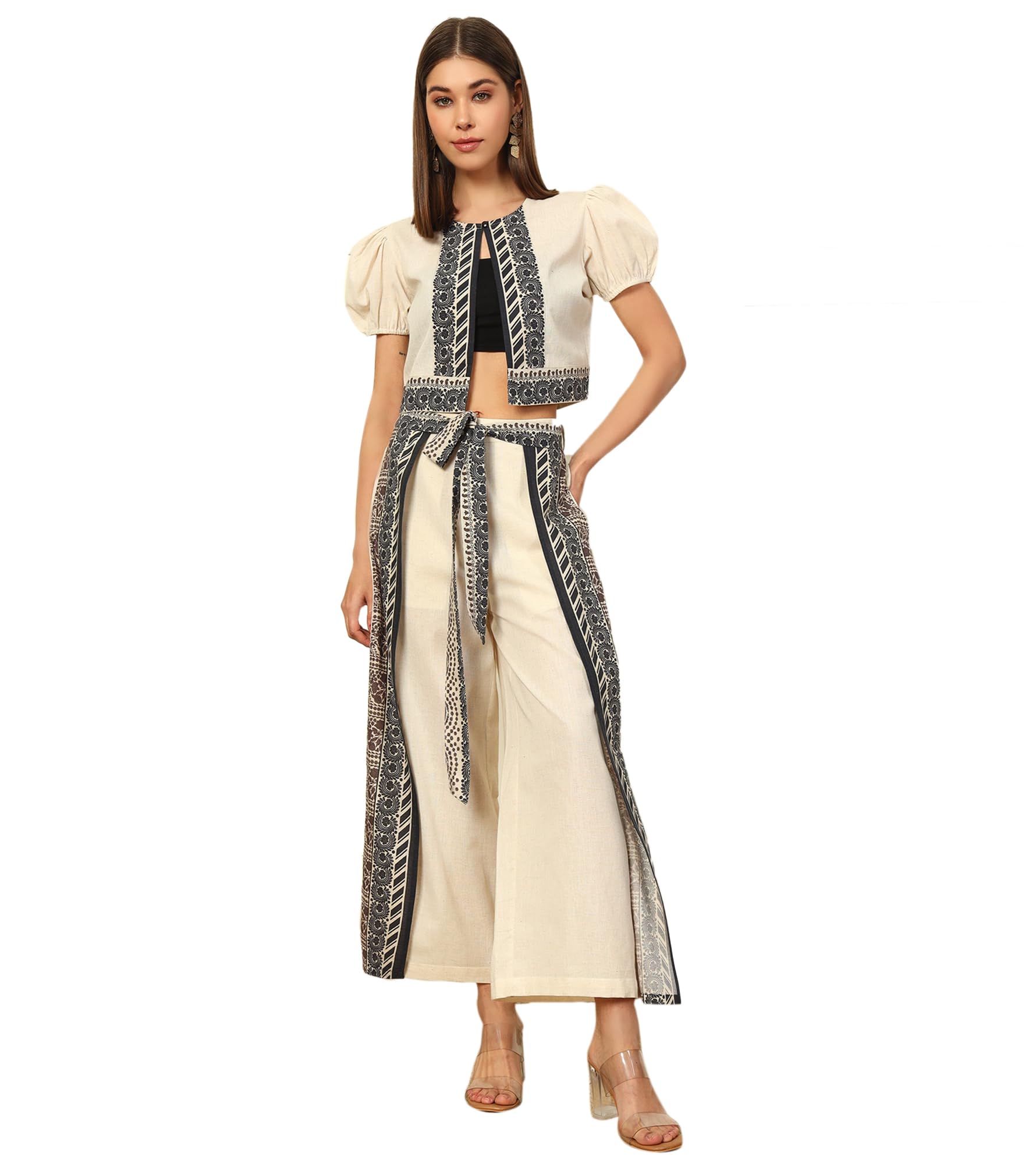 DEEBACO Solid with Printed Cotton Flex Shrug with Flap Pants Women's Co-Ord Set|Puff Sleeves Round Neck Long Length Relax Fit Summer Western Casual Wear Ladies Cord Set