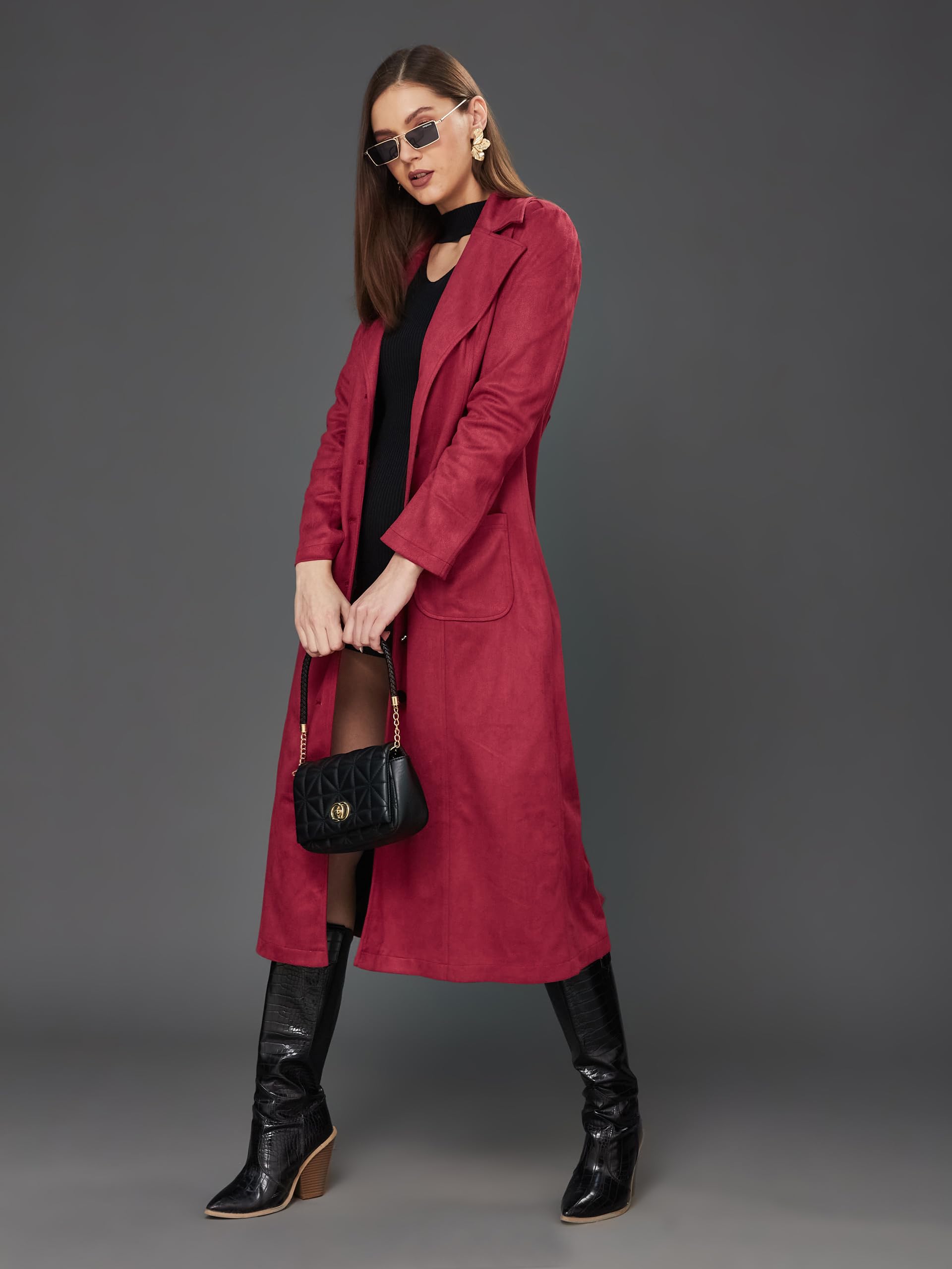 Miss Chase Women's Solid V-Neck Full Sleeves Patched Pocketed Polyester Button Down Longline Winter Wear Jacket - Image 3