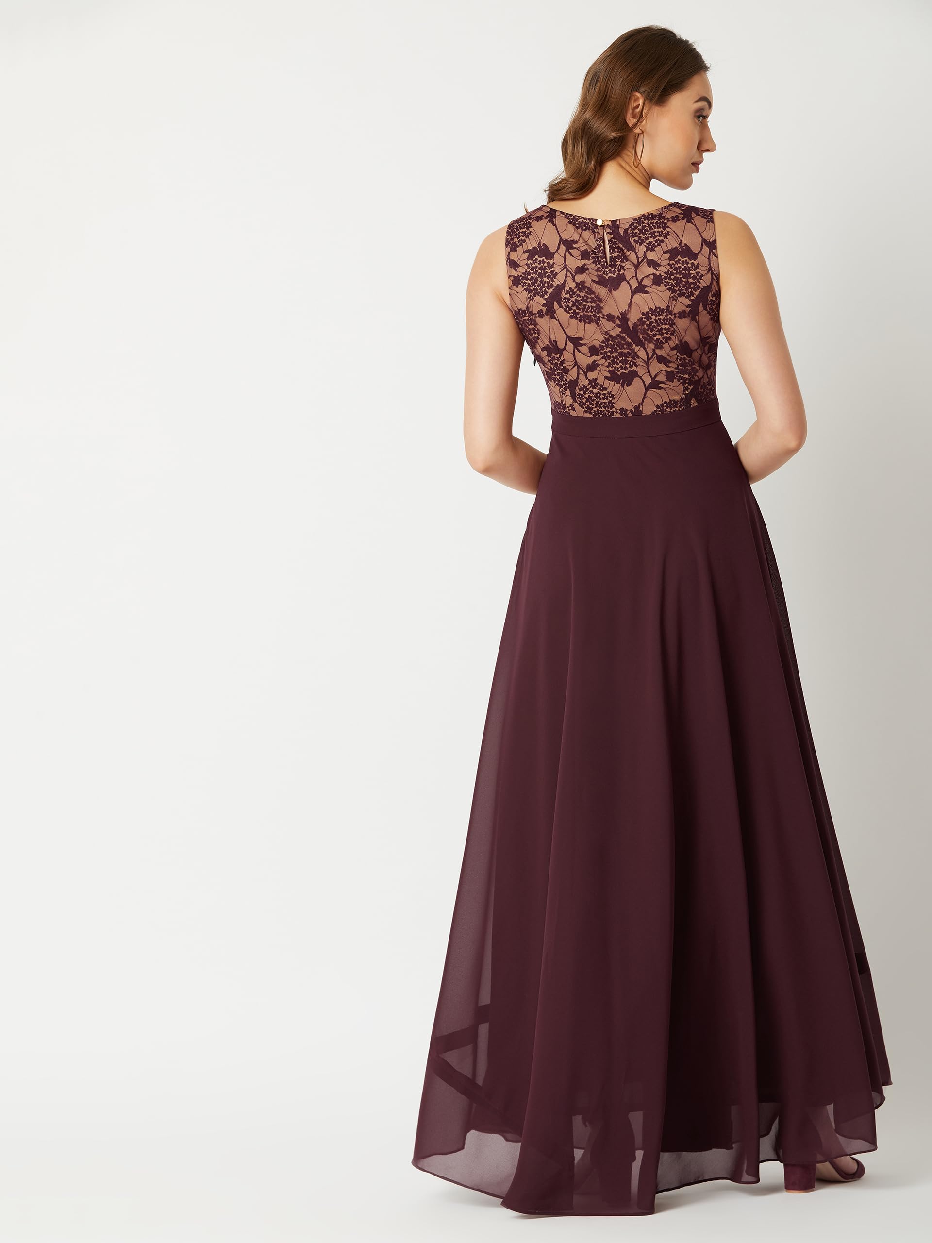 Miss Chase Women's Round Neck Sleeveless Georgette Floral Lace Fit & Flare Maxi Dress, Small, Wine - Image 4