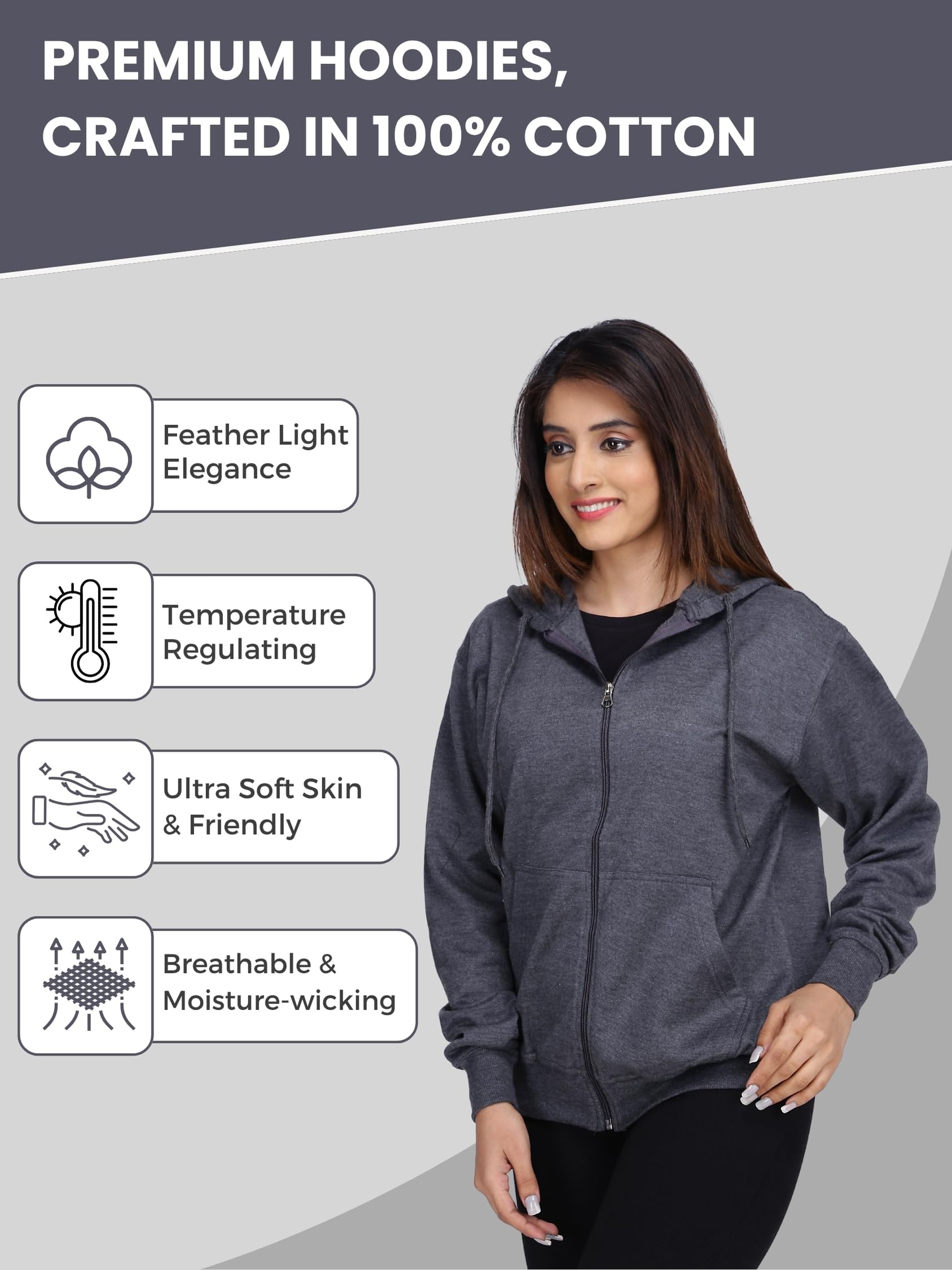 FALTU.CO Women’s Full Sleeve Cotton Zipper Hoodie with Pockets | Regular Fit Hooded Sweatshirt Pullover for Winter, Casual, Outdoor, Travel & Everyday Wear | Charcoal Grey | L - Image 6