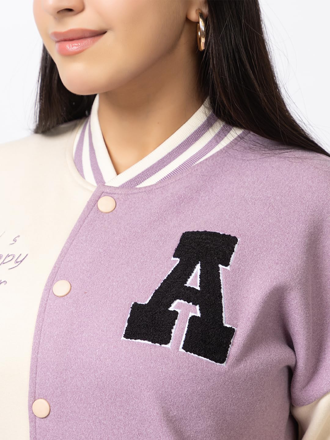ARISH Women Lavender Cream Varsity Fleece Polyester Standard Length Jacket, Imported Small - Image 5