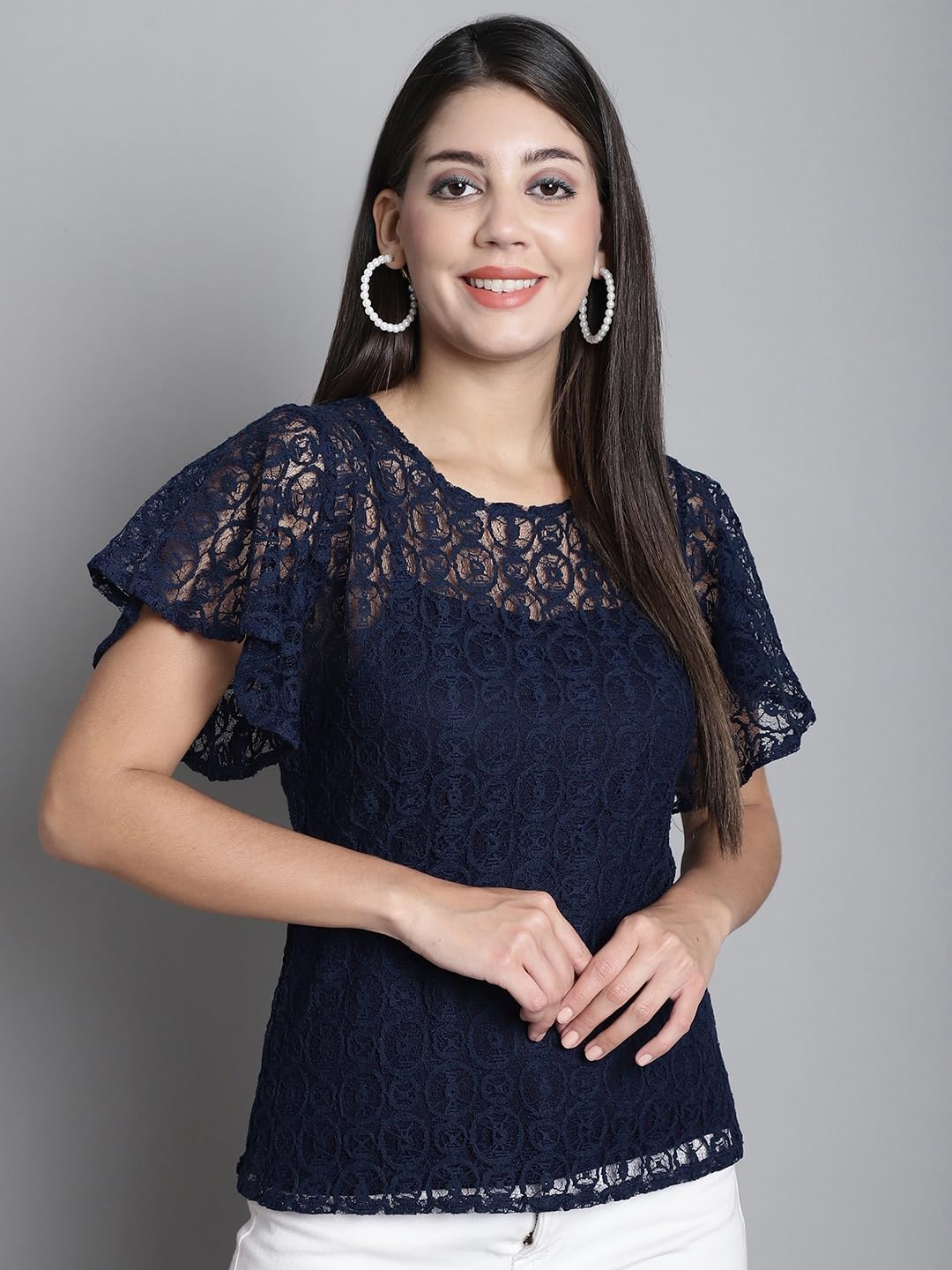 DRESSITUDE Women Self Designed Round Neck Flared Sleeve Lace Top with Camisole - Image 9