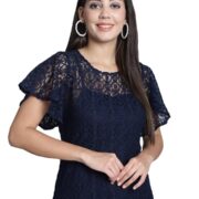 DRESSITUDE Women Self Designed Round Neck Flared Sleeve Lace Top with Camisole