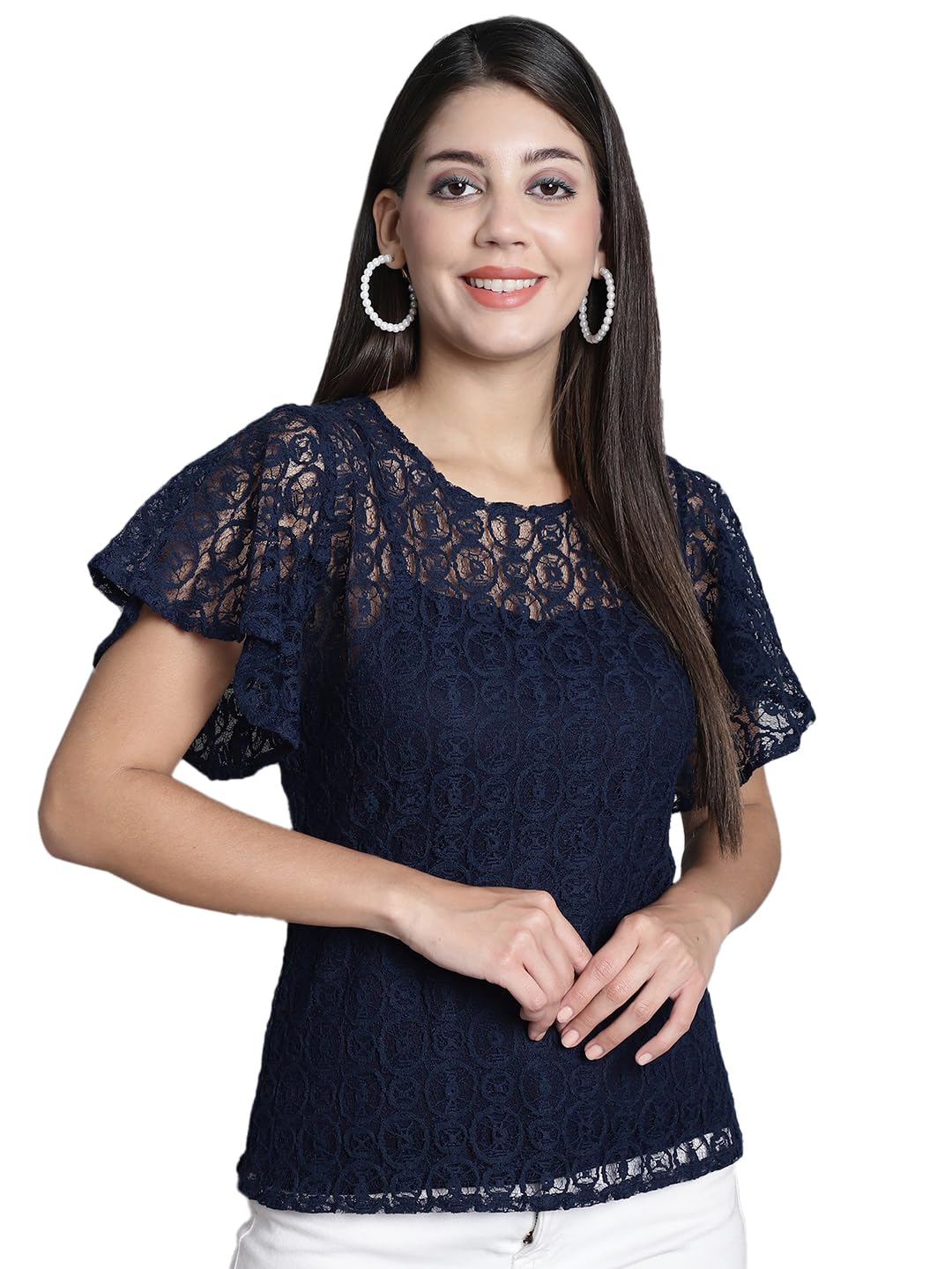 DRESSITUDE Women Self Designed Round Neck Flared Sleeve Lace Top with Camisole