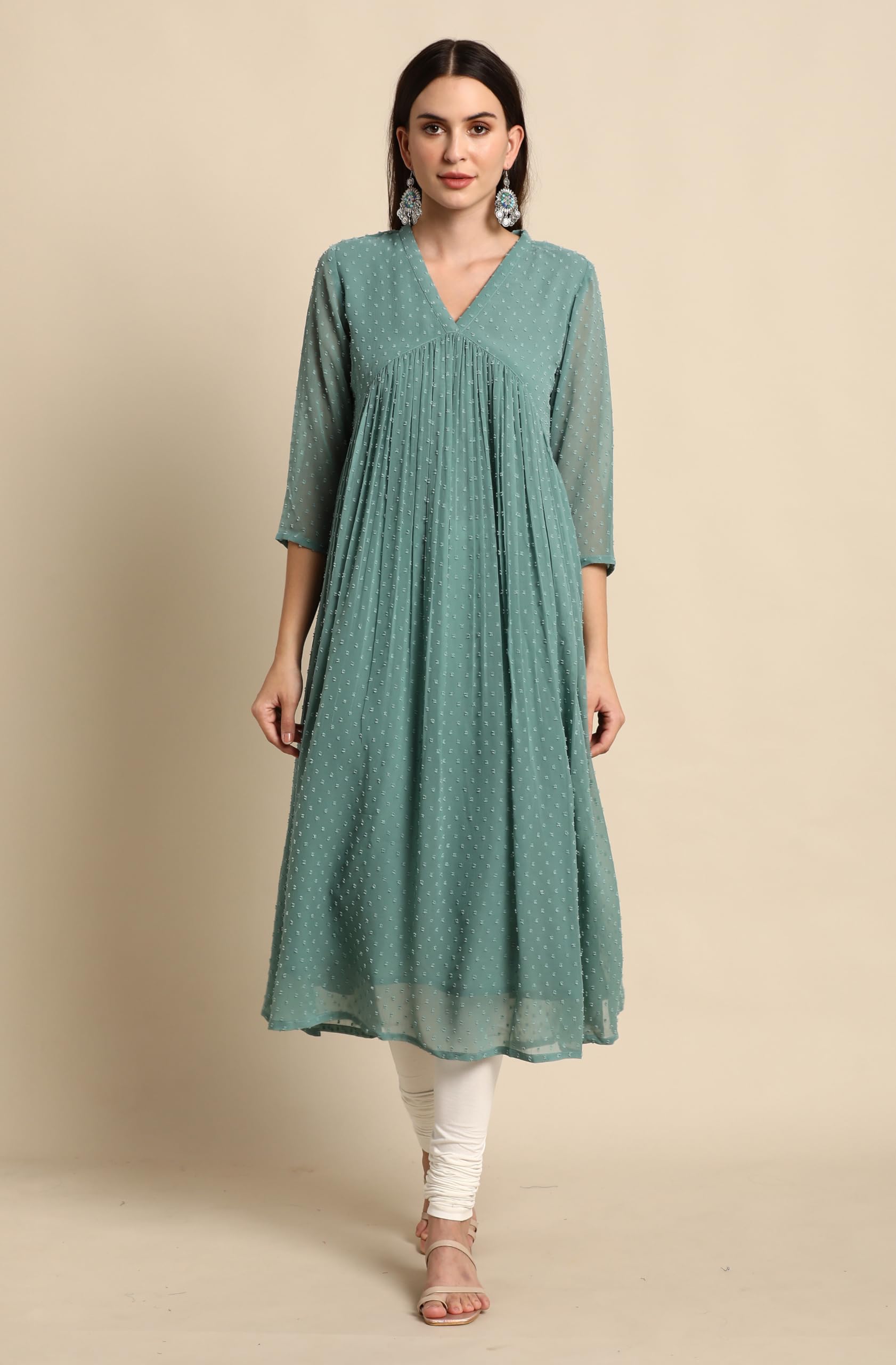 Janasya Women's Green Dobby Chiffon Self Design Flared Western Kurta - Image 8