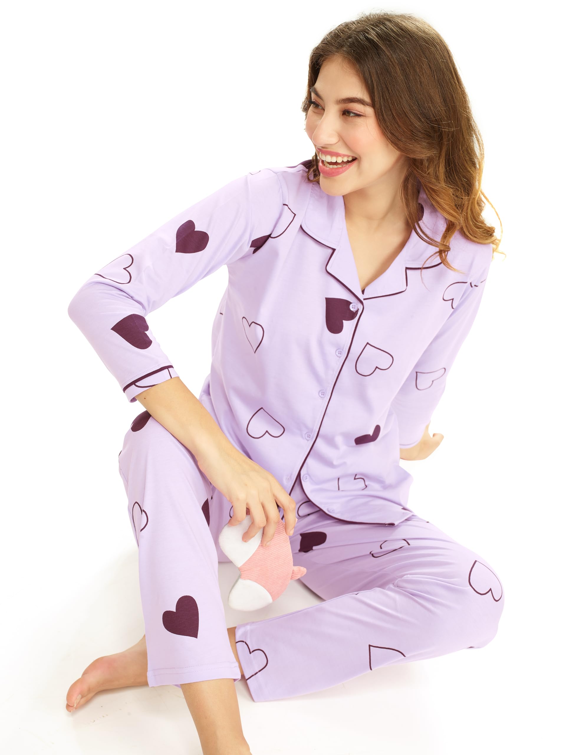 LOTIK Women's Cotton Purple Heart Print Shirt & Payjama Full Sleeve Night Pajama Set - Image 4
