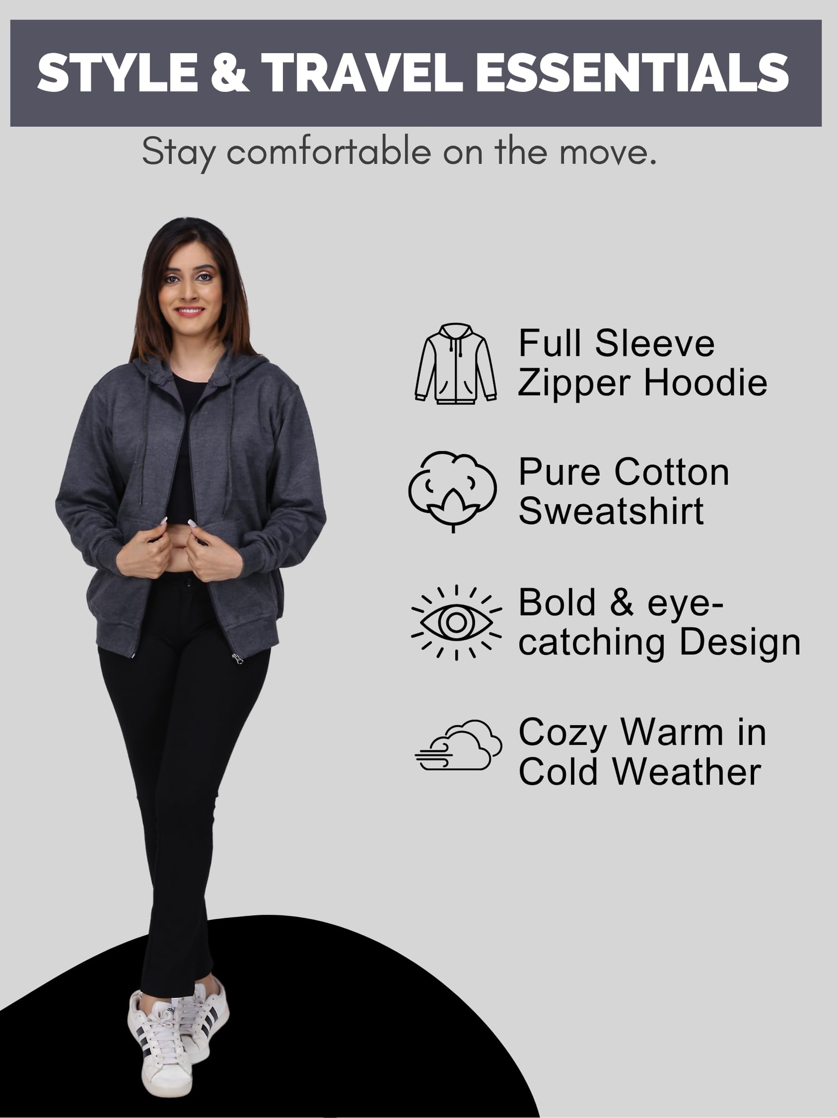 FALTU.CO Women’s Full Sleeve Cotton Zipper Hoodie with Pockets | Regular Fit Hooded Sweatshirt Pullover for Winter, Casual, Outdoor, Travel & Everyday Wear | Charcoal Grey | L - Image 4