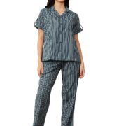 Clovia Women Rayon Blend Sassy Stripes Button Me Up Shirt & Pyjama Set